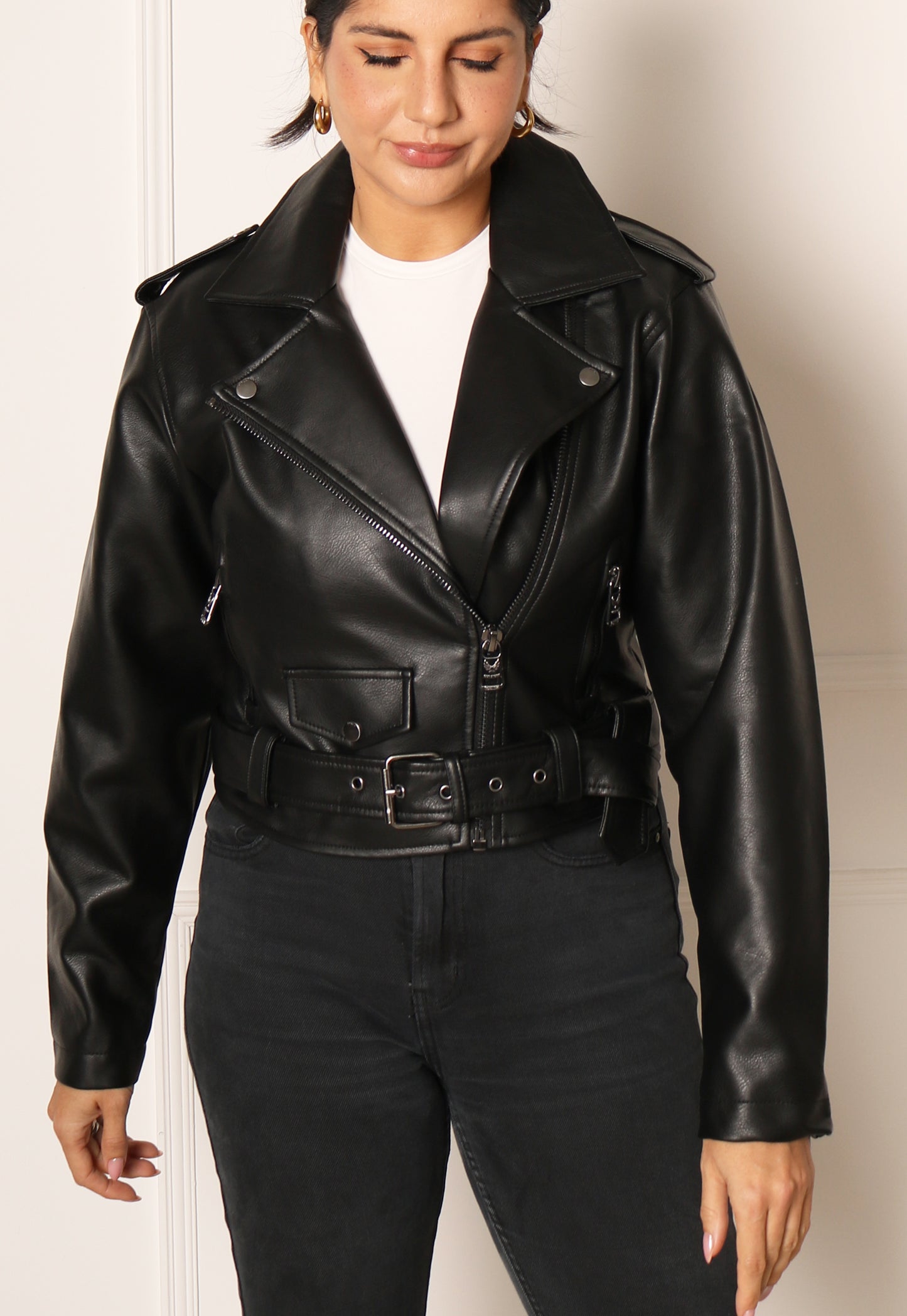 ONLY Louie Cropped Classic Faux Leather Biker Jacket with Belt in Black - One Nation Clothing