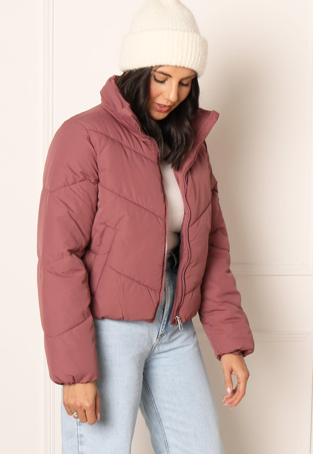 ONLY Maggi Short Chevron Padded Puffer Jacket in Dusky Rose - One Nation Clothing
