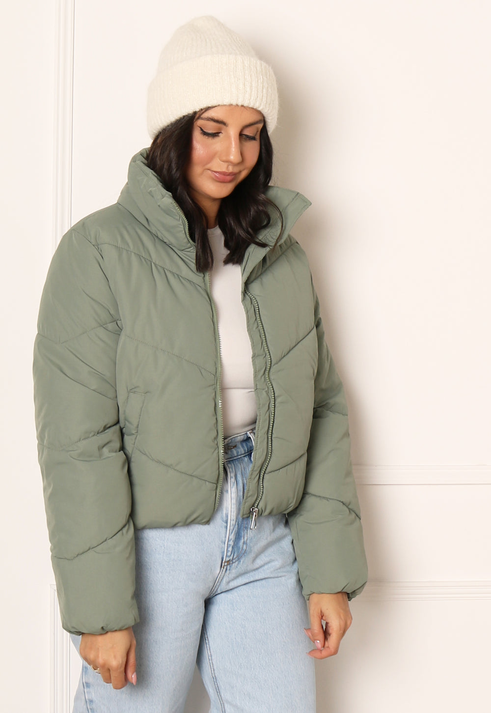 ONLY Maggi Short Chevron Padded Puffer Jacket in Light Green - One Nation Clothing