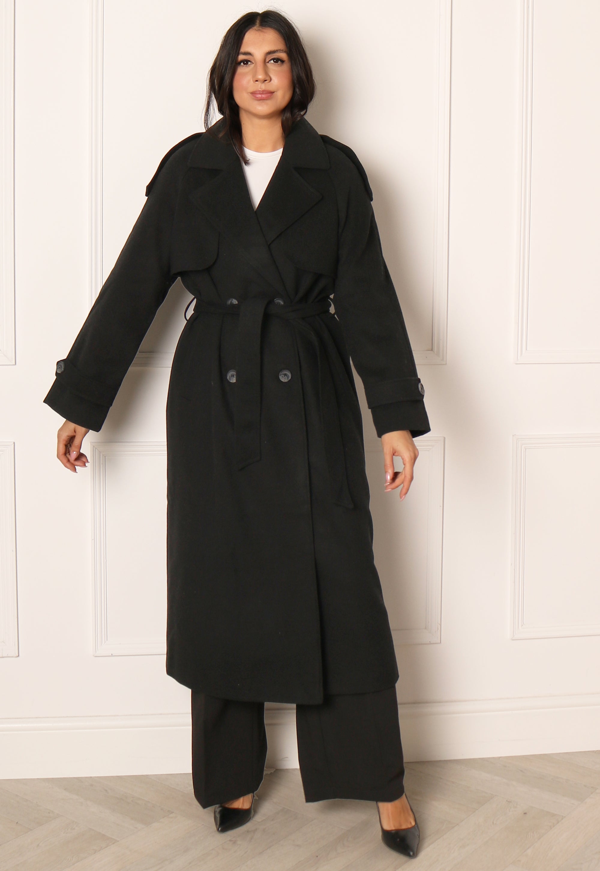 ONLY Maisy Premium Double Breasted Longline Belted Wool Trench Coat in Black - One Nation Clothing