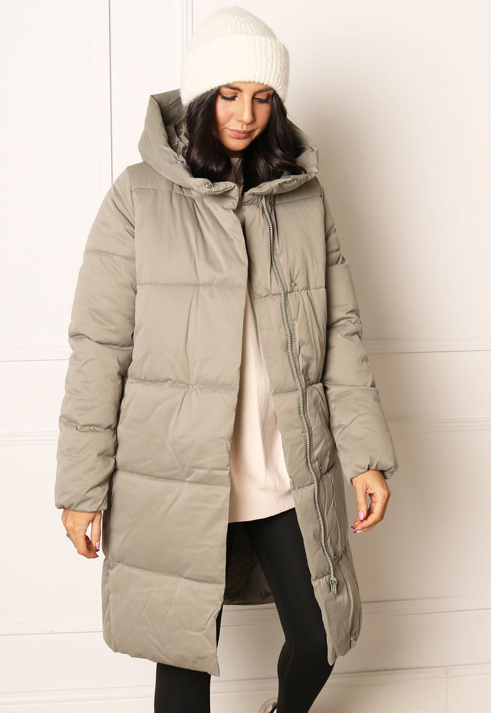 JDY Mustang Longline Hooded Padded Puffer Coat with Hood in Soft Khaki - One Nation Clothing