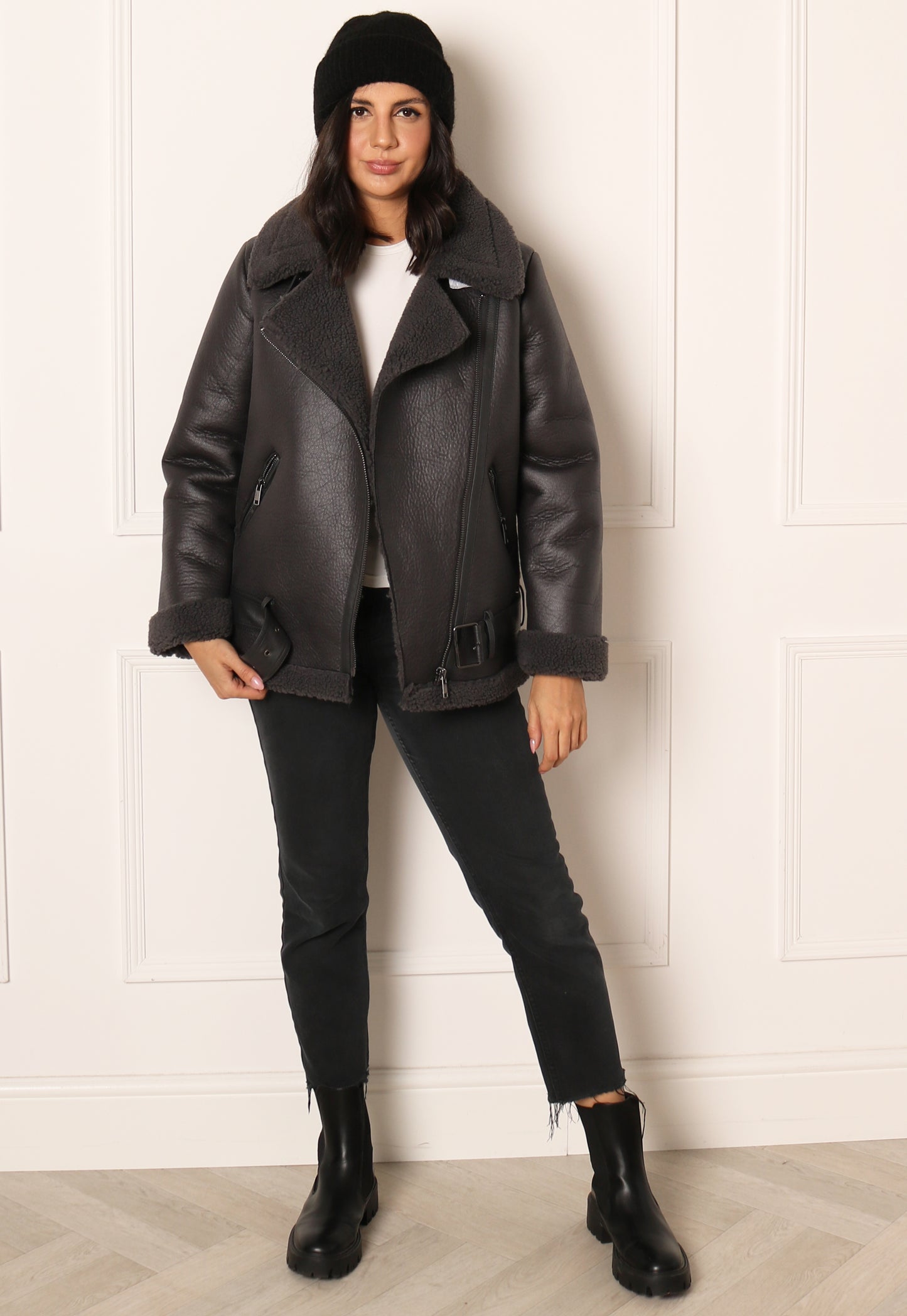 
                  
                    ONLY Lis Faux Leather & Shearling Aviator Jacket in Washed Black - One Nation Clothing
                  
                