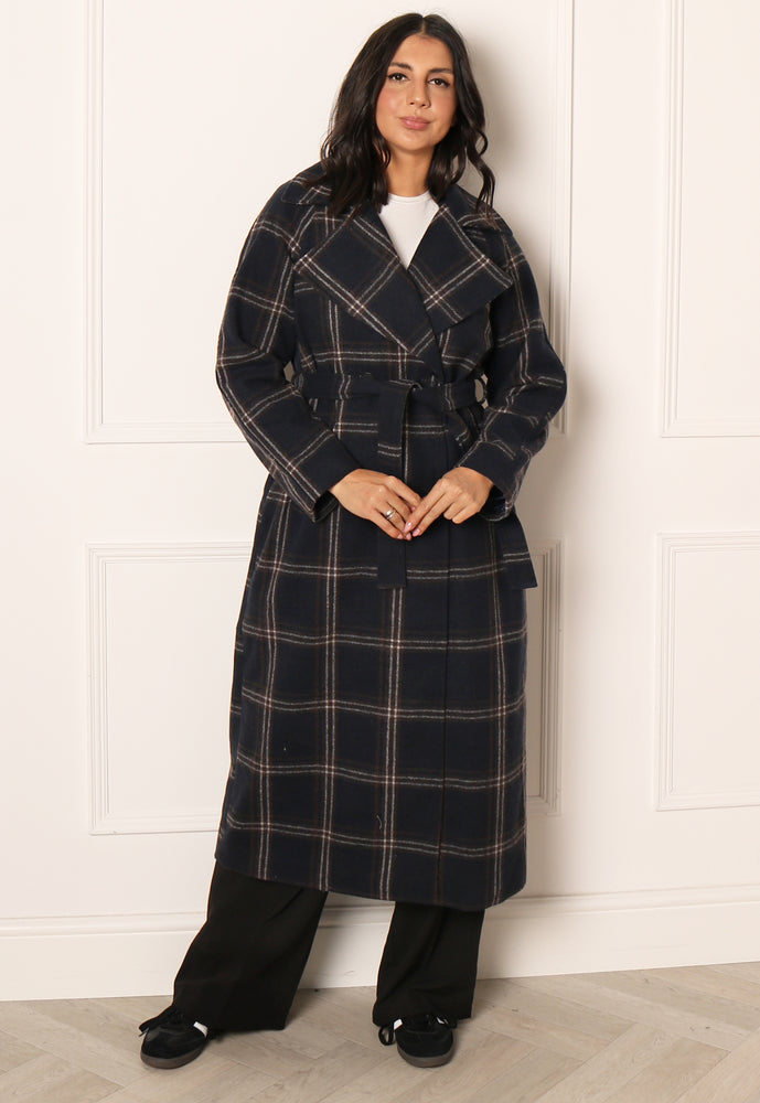 ONLY Patty Smart Double Breasted Longline Check Wool Trench Coat in Navy - One Nation Clothing