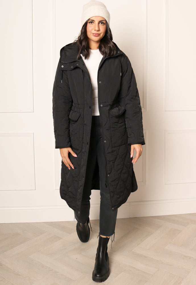 VILA Pura Onion Quilted Midi Puffer Coat with Tie Waist in Black - One Nation Clothing