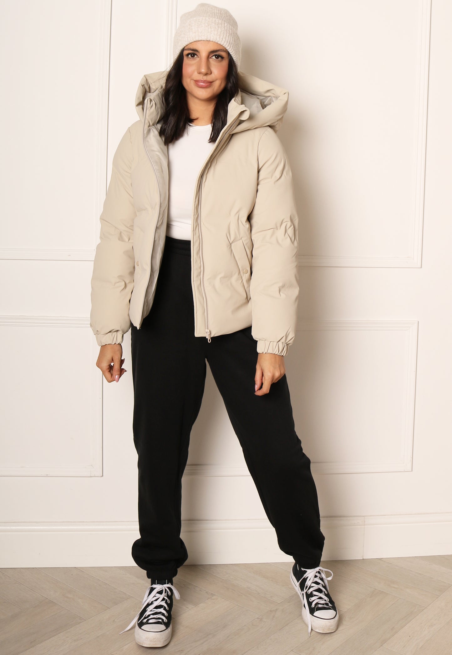 VERO MODA Noe Short Water Repellent Quilted Puffer Jacket with Hood in Beige - One Nation Clothing