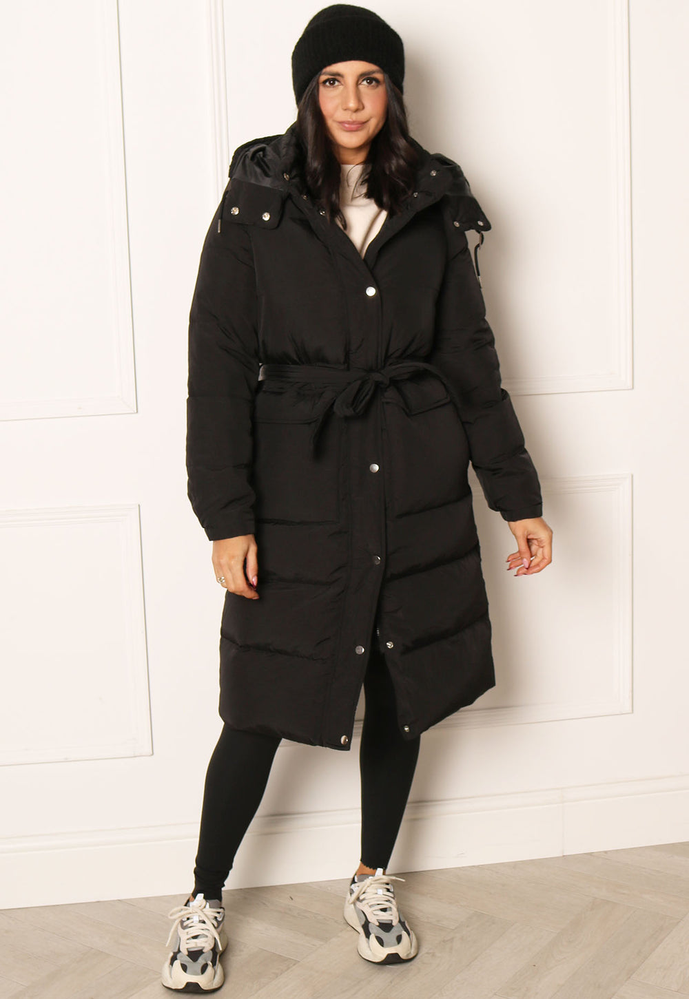 VERO MODA Signe Premium Longline Down Midi Puffer Coat with Belt & Removable Hood in Black - One Nation Clothing