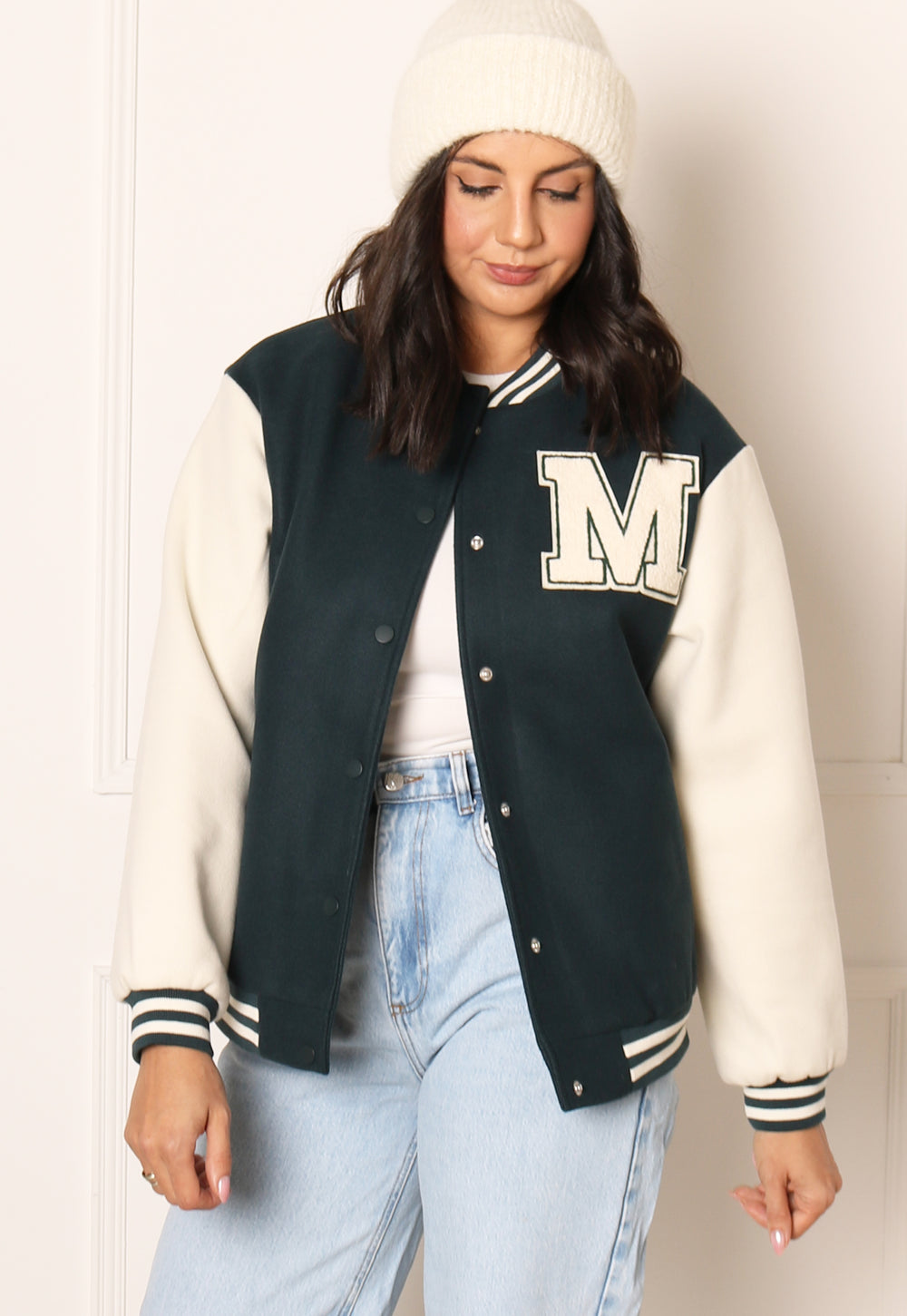 ONLY Silja Brushed Varsity Letterman Bomber Jackets in Teal Green & Cream - One Nation Clothing