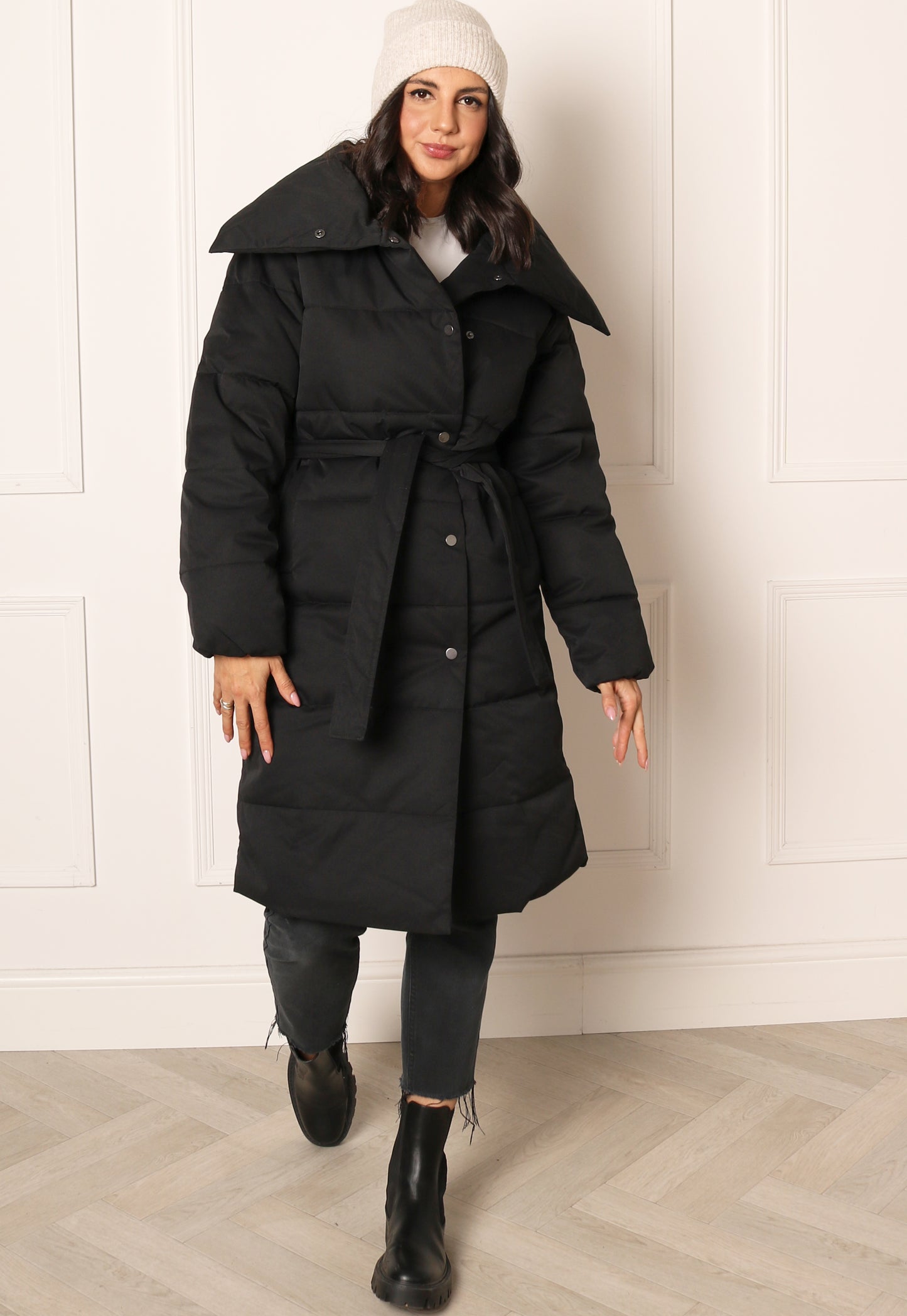 VILA Sulitana Midi Longline Belted Puffer Coat with Shawl Collar in Black - One Nation Clothing