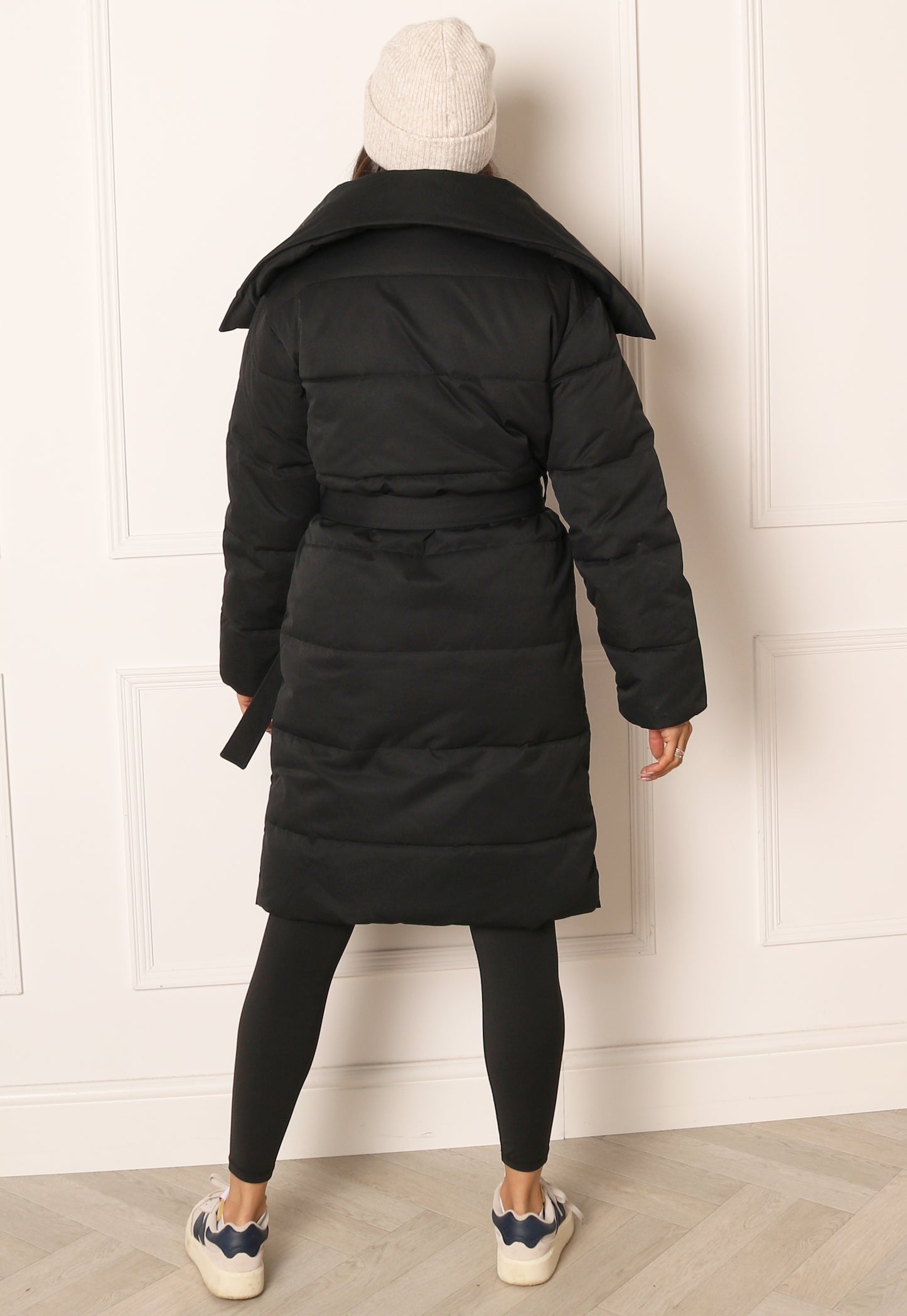 VILA Sulitana Midi Longline Belted Puffer Coat with Shawl Collar in Black - One Nation Clothing