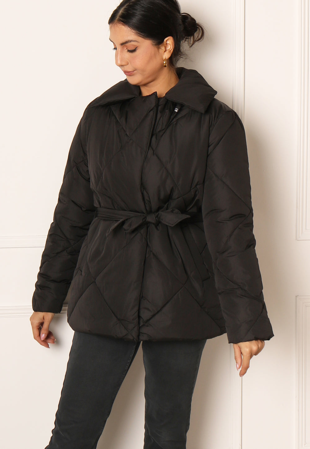 ONLY Sussi Diamond Quilted Jacket with Belt in Black - One Nation Clothing