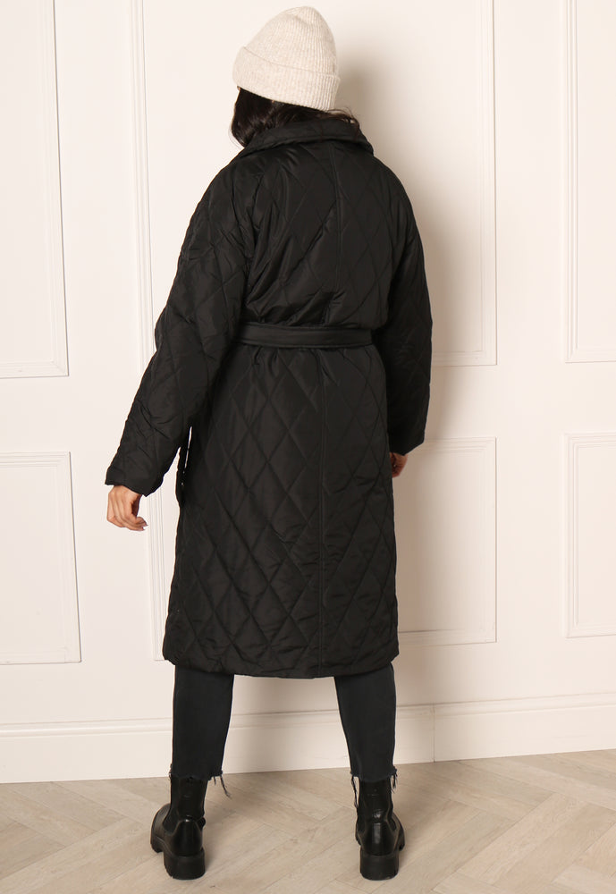 
                  
                    JDY Triton Diamond Quilted Midi Coat with High Neck & Belt in Black - One Nation Clothing
                  
                