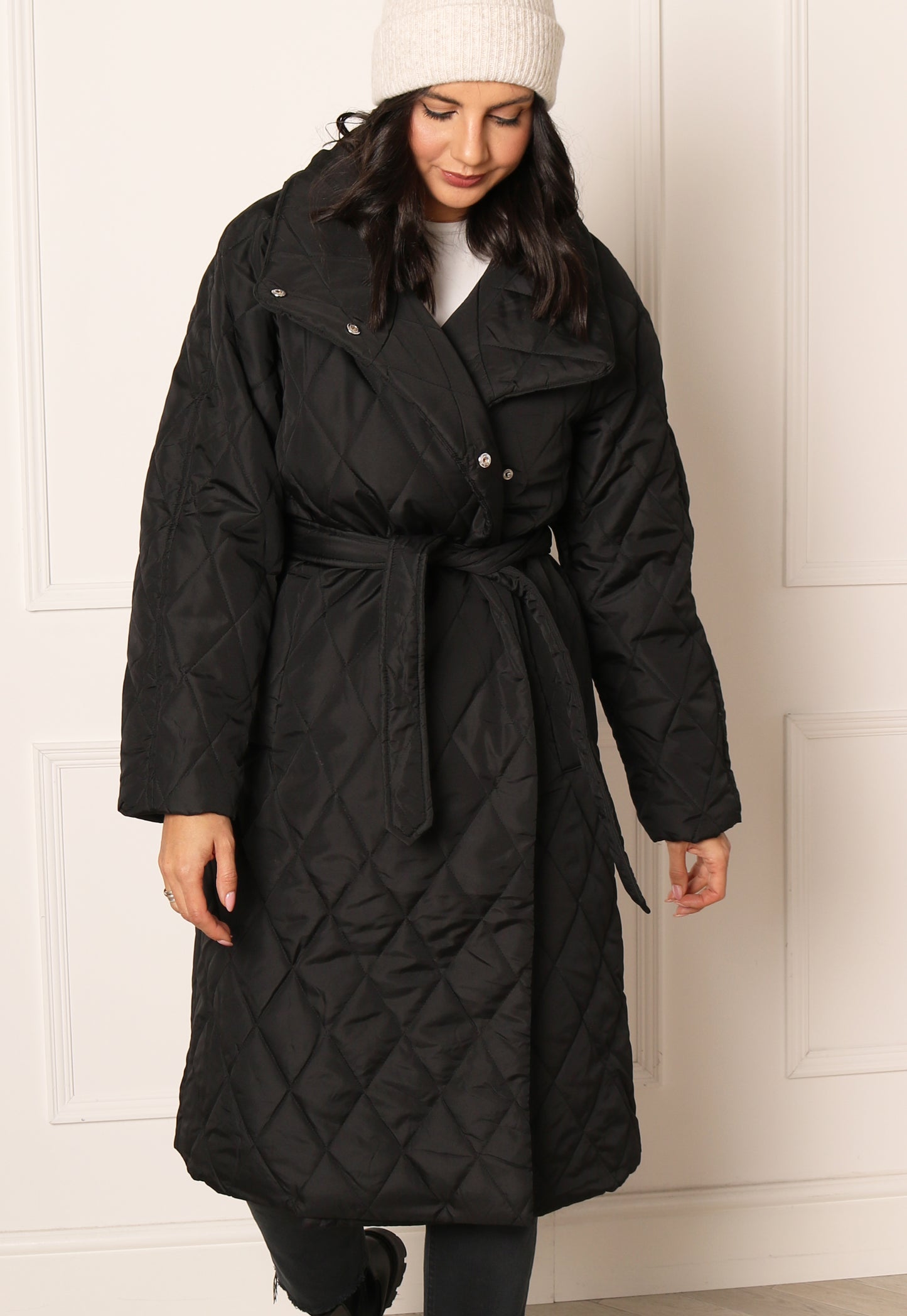 JDY Triton Diamond Quilted Midi Coat with High Neck & Belt in Black - One Nation Clothing