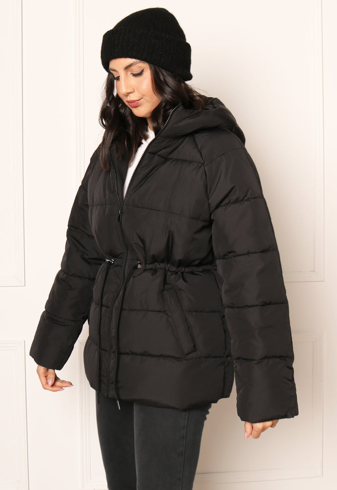 VILA Leana Longline Hooded Puffer Jacket with Tie Waist in Black - One Nation Clothing