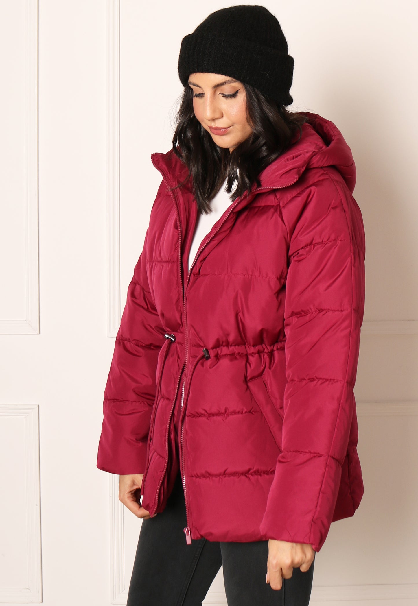 
                  
                    VILA Leana Longline Hooded Puffer Jacket with Tie Waist in Burgundy Red - One Nation Clothing
                  
                