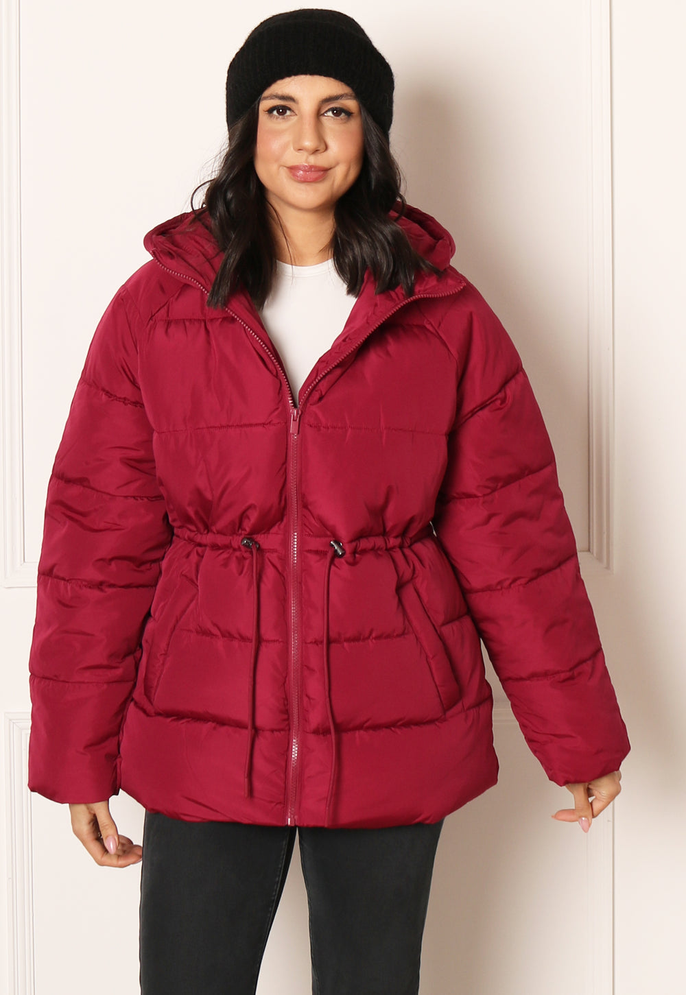 VILA Leana Longline Hooded Puffer Jacket with Tie Waist in Burgundy Red - One Nation Clothing