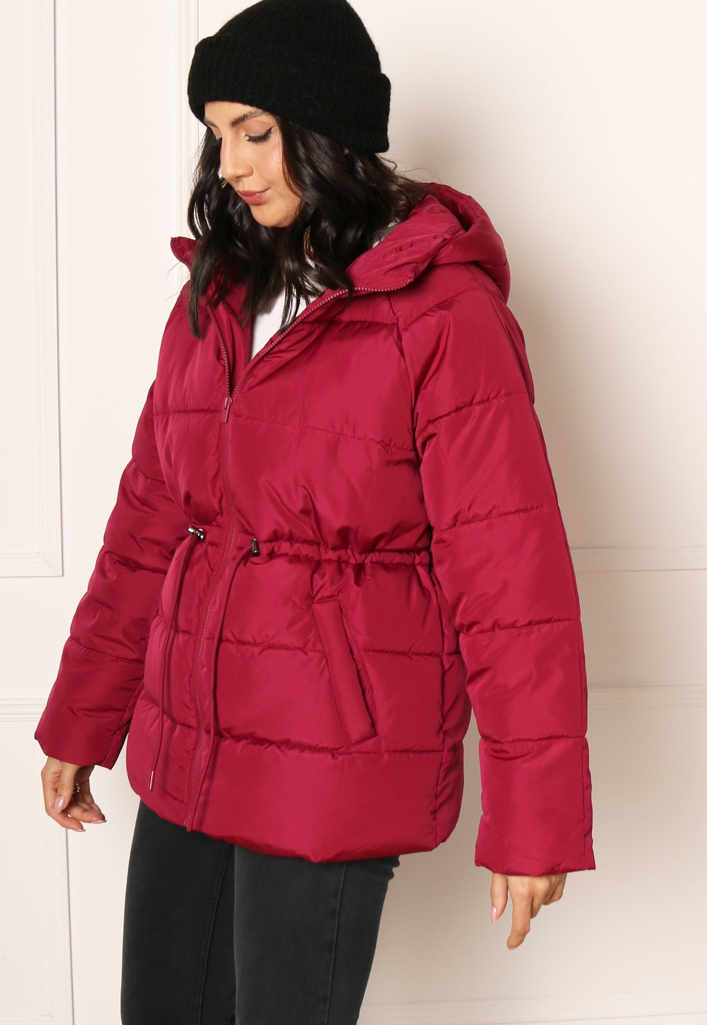 
                  
                    VILA Leana Longline Hooded Puffer Jacket with Tie Waist in Burgundy Red - One Nation Clothing
                  
                