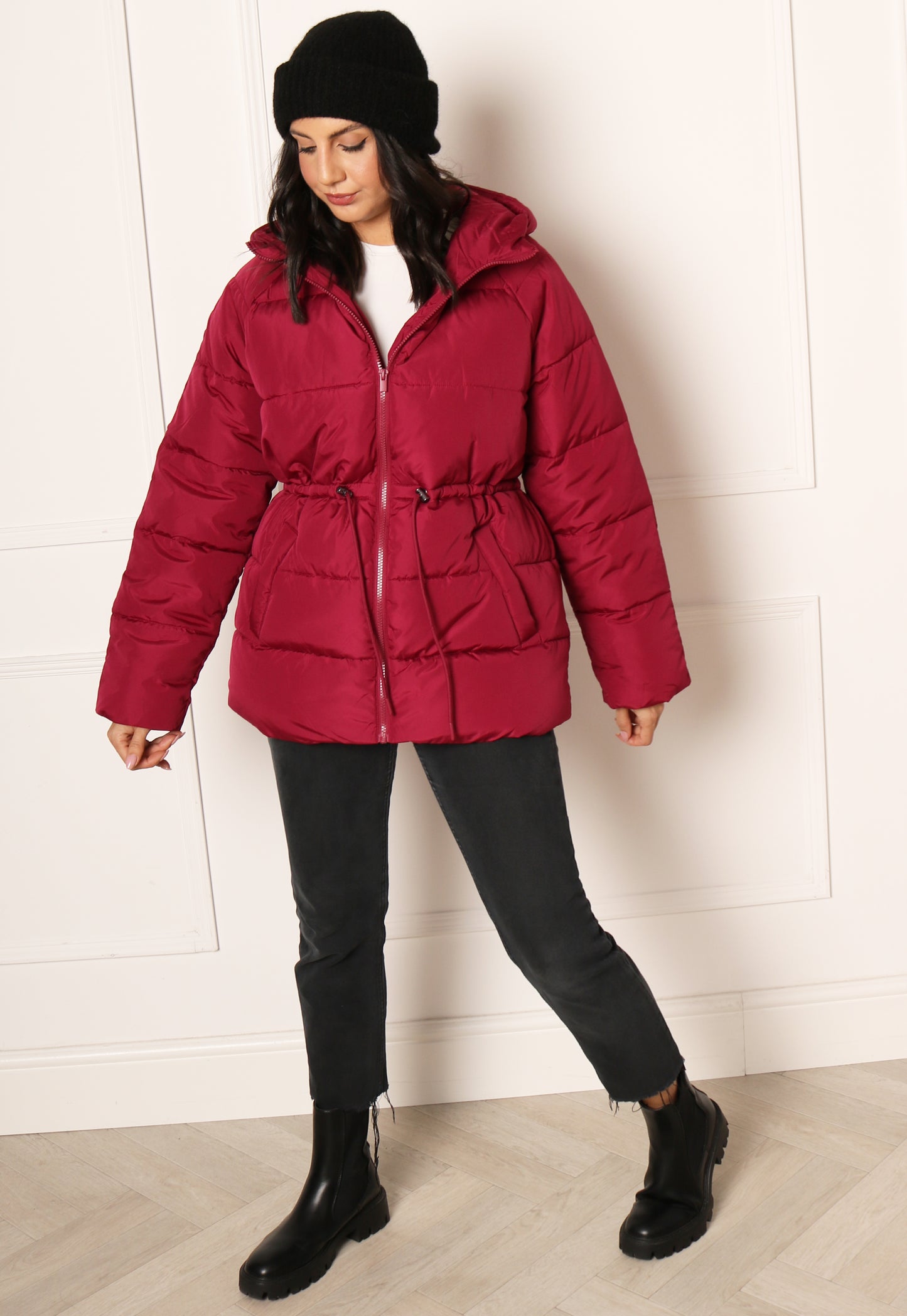 VILA Leana Longline Hooded Puffer Jacket with Tie Waist in Burgundy Red - One Nation Clothing