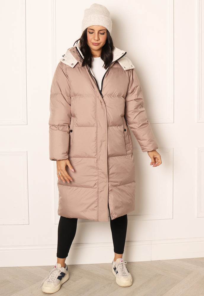 ONLY Premium Vilma Midi Down Puffer Coat with Hood in Beige - One Nation Clothing