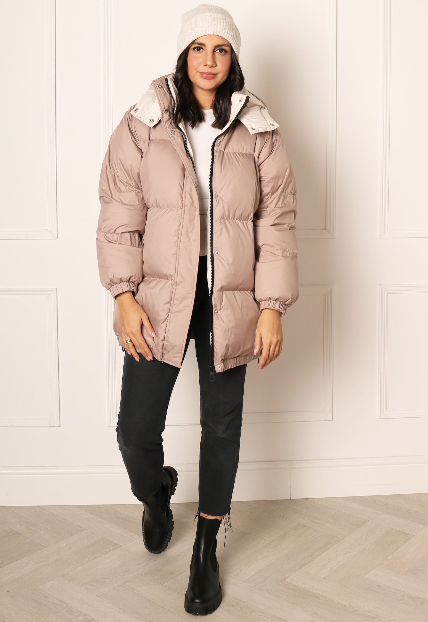 ONLY Premium Vilma Longline Thigh Length Down Puffer Coat with Hood in Beige - One Nation Clothing
