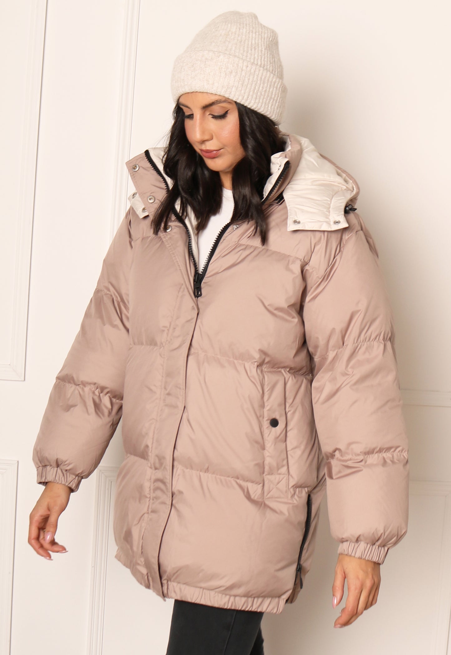 ONLY Premium Vilma Longline Thigh Length Down Puffer Coat with Hood in Beige - One Nation Clothing