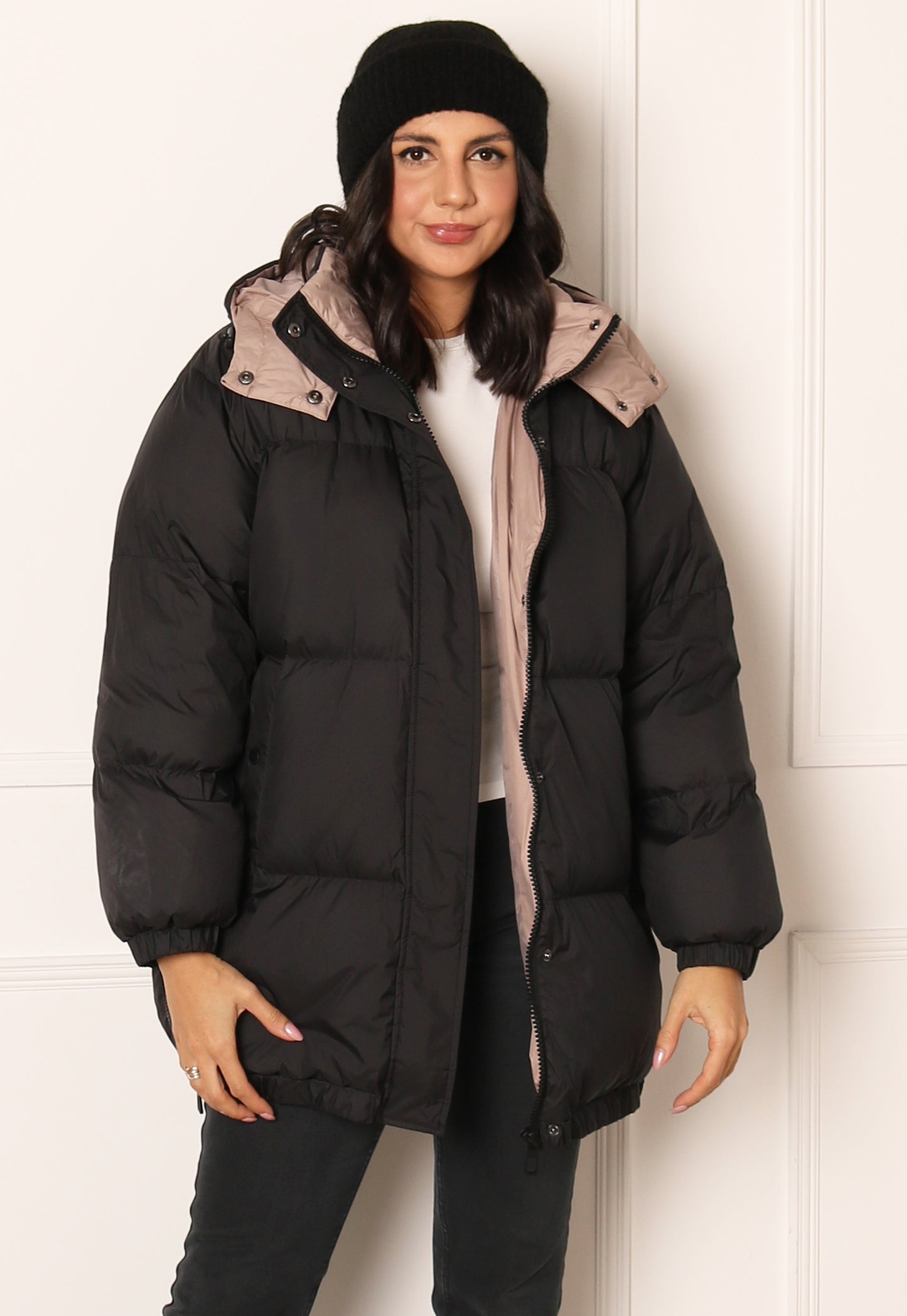 ONLY Premium Vilma Longline Thigh Length Down Puffer Coat with Hood in Black - One Nation Clothing