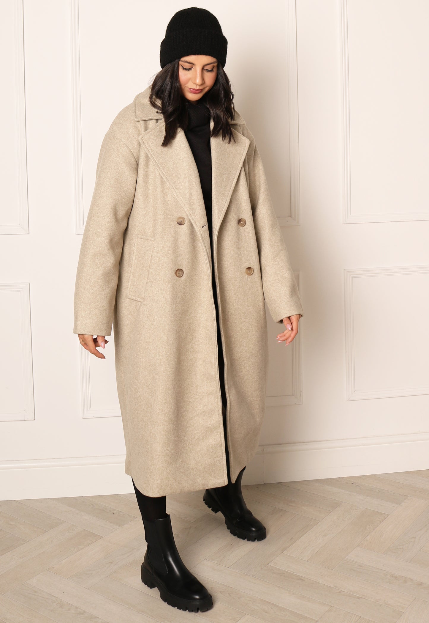 
                  
                    ONLY Wembley Oversized Double Breasted Longline Wool Style Trench Coat in Beige Melange - One Nation Clothing
                  
                