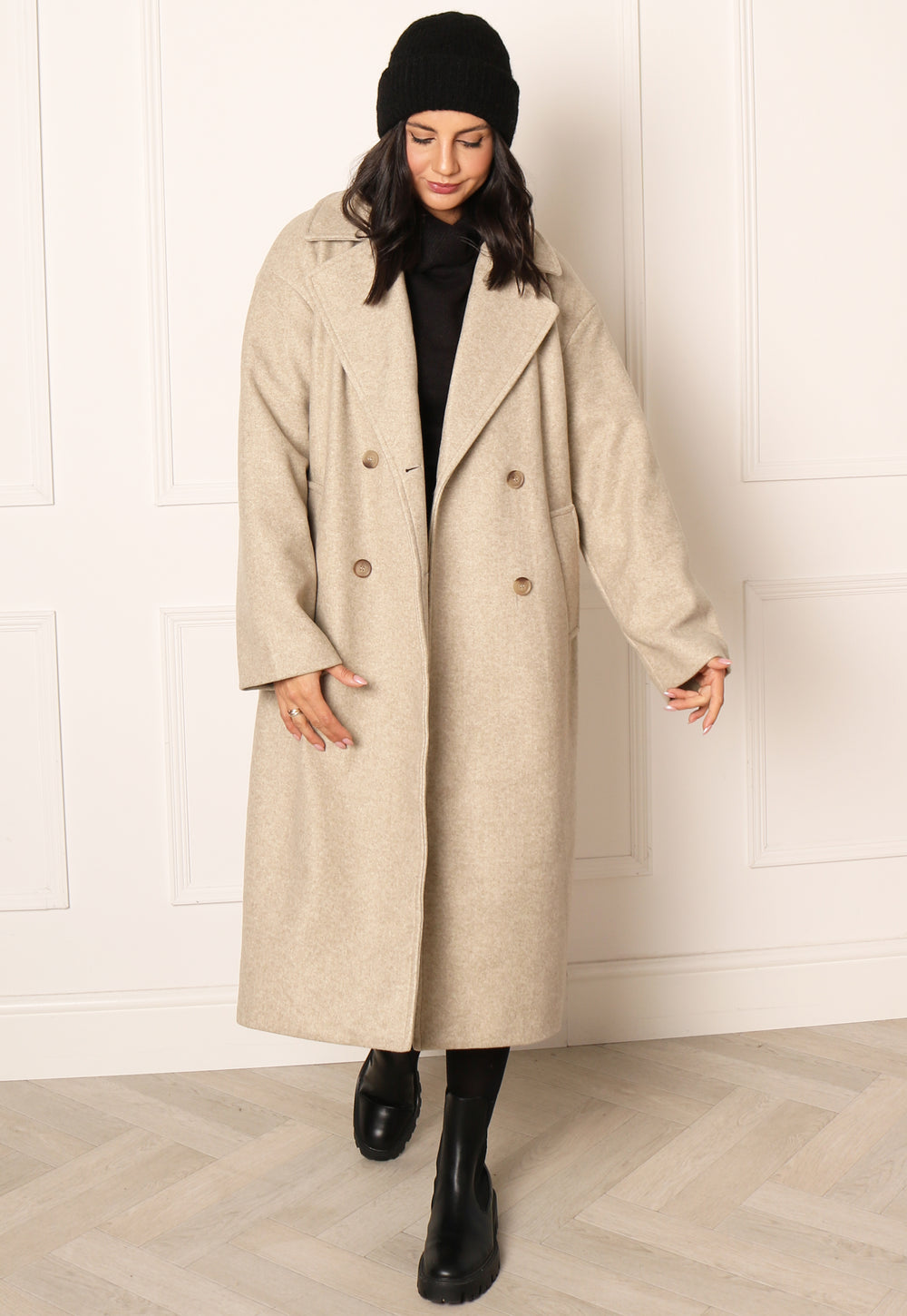 ONLY Wembley Oversized Double Breasted Longline Wool Style Trench Coat in Beige Melange - One Nation Clothing