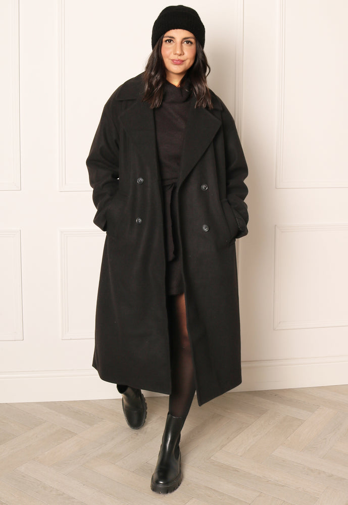 ONLY Wembley Oversized Double Breasted Longline Wool Style Trench Coat in Black - One Nation Clothing