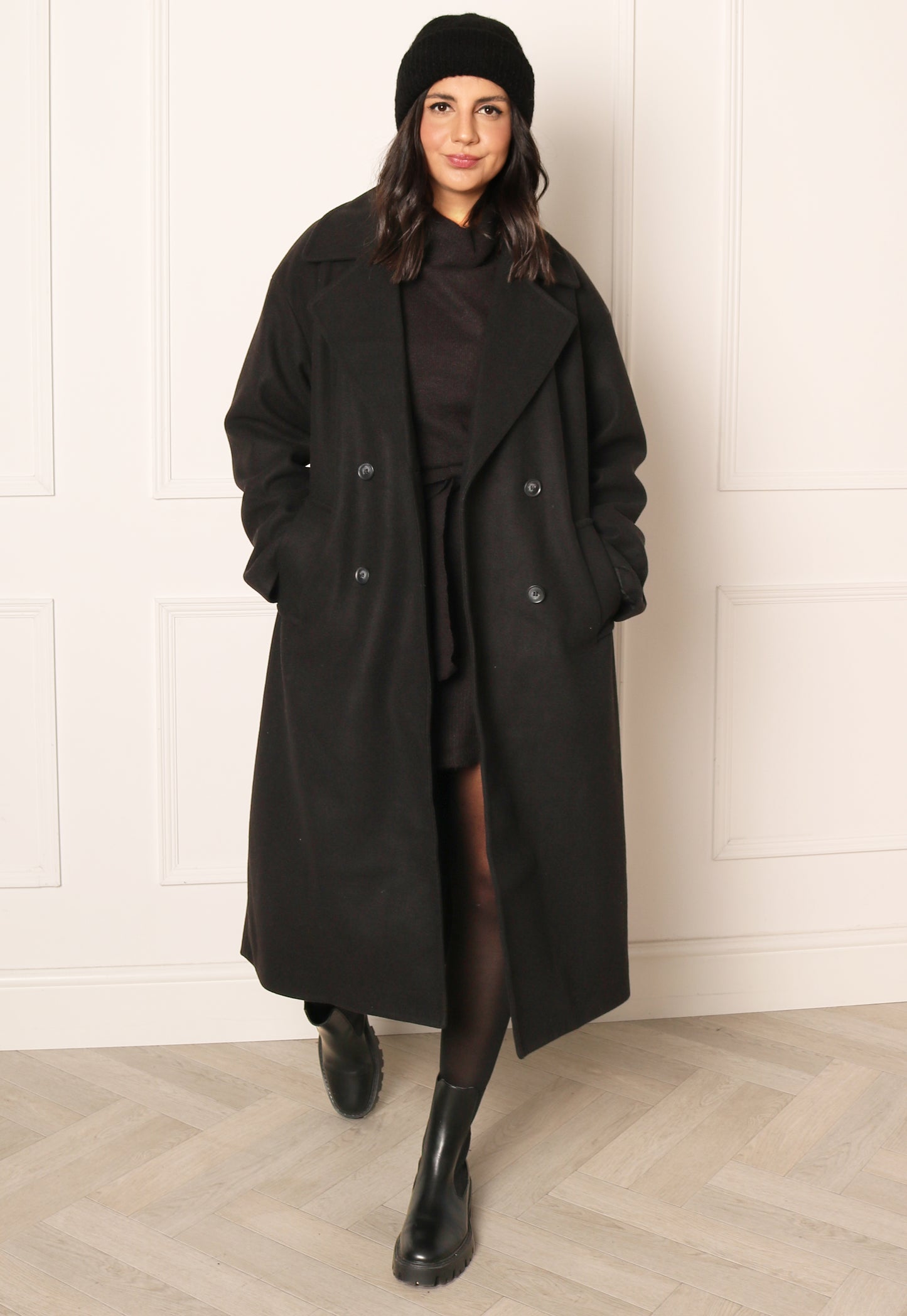 ONLY Wembley Oversized Double Breasted Longline Wool Style Trench Coat in Black - One Nation Clothing