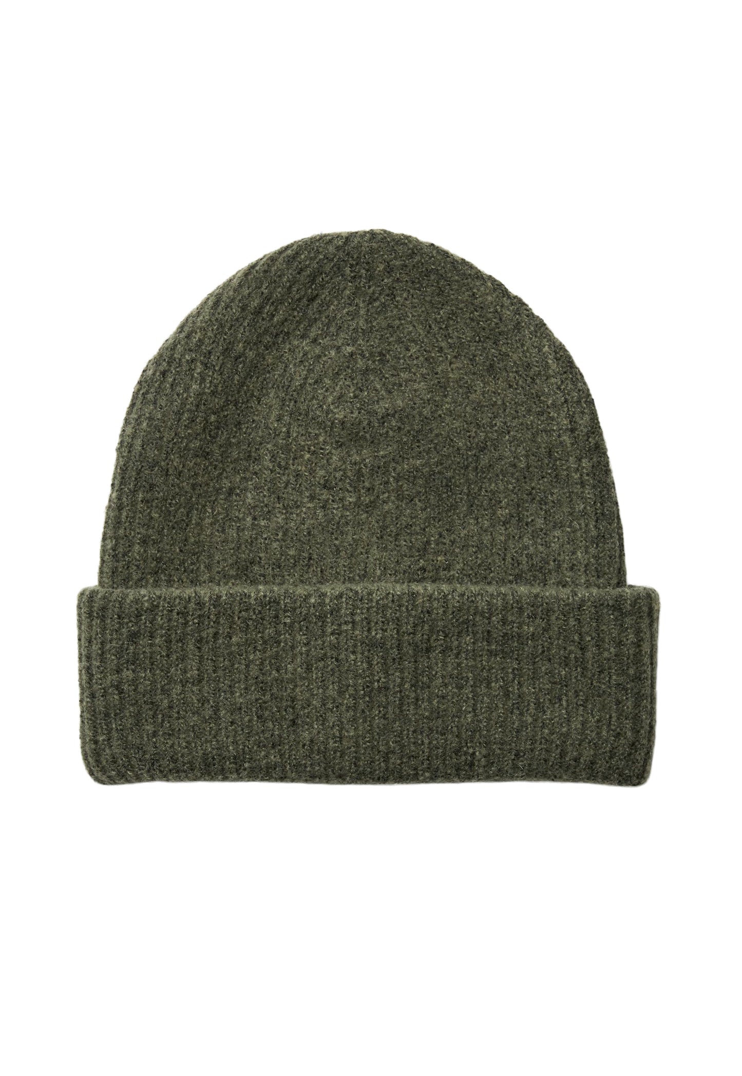 PIECES Cashmere Fluffy Knit Ribbed Turn Up Beanie Hat in Khaki Green - One Nation Clothing