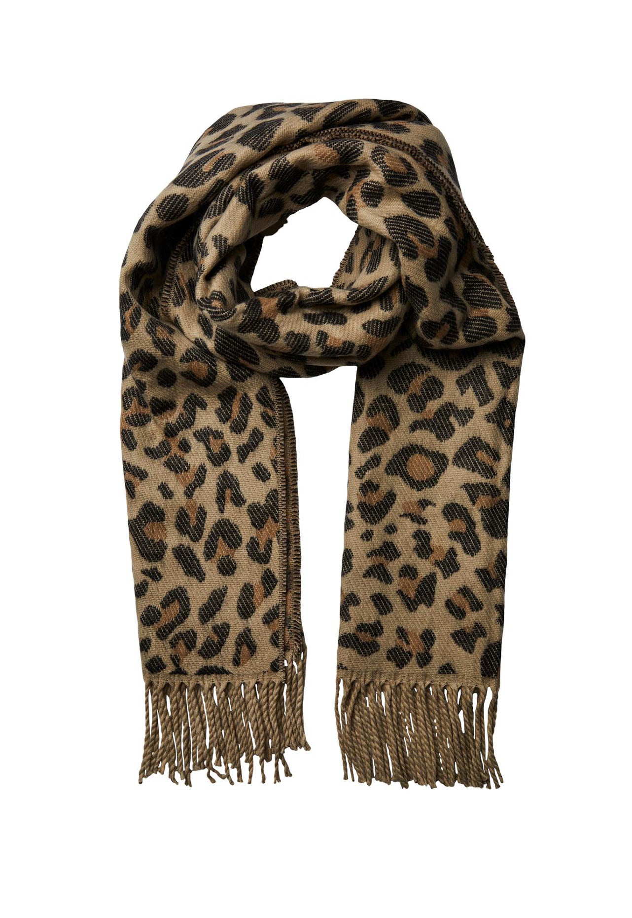 PIECES Leopard Print Oversized Brushed Scarf with Tassels in Beige, Black & Camel - One Nation Clothing