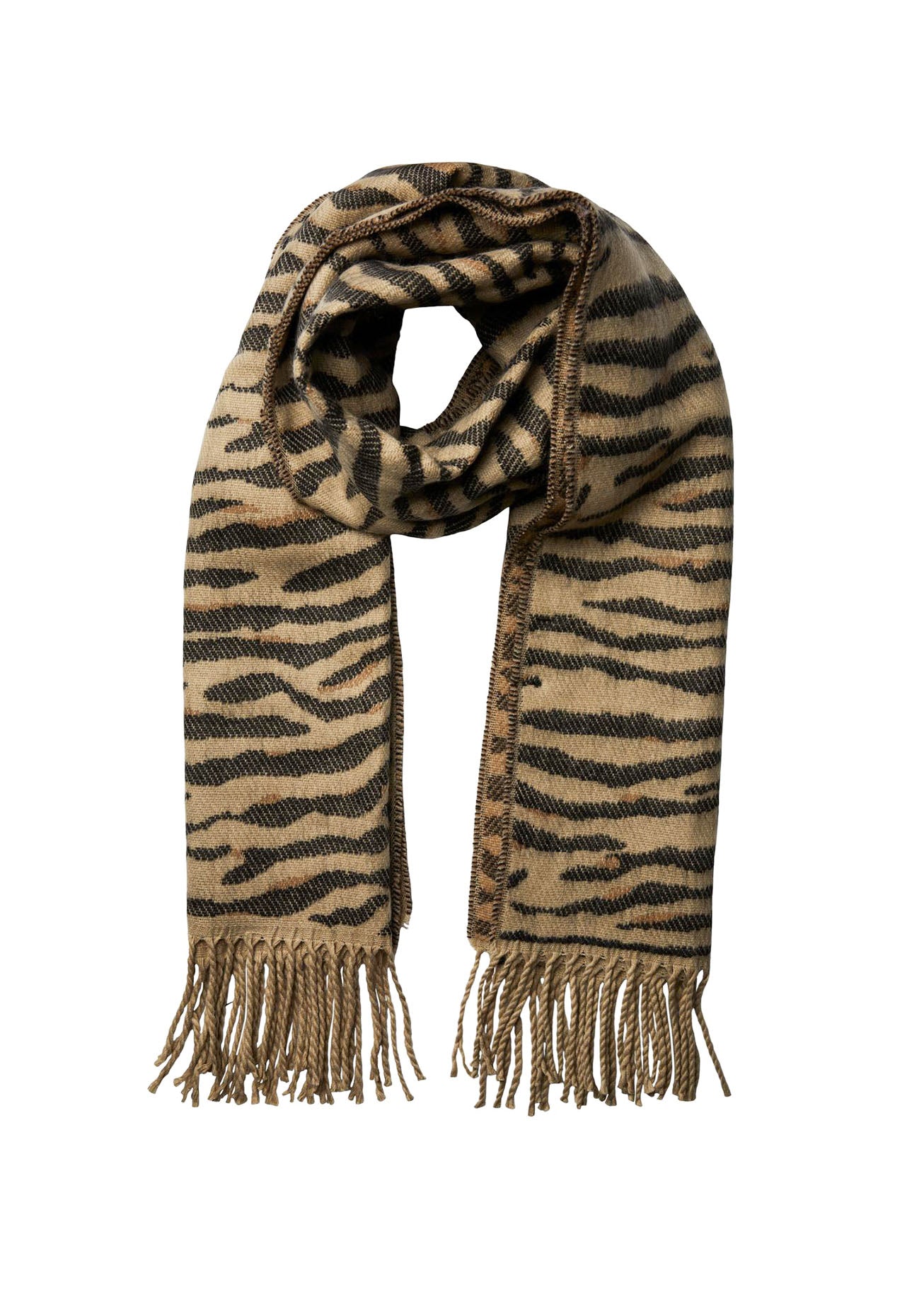 PIECES Zebra Print Oversized Brushed Scarf with Tassels in Beige & Black - One Nation Clothing