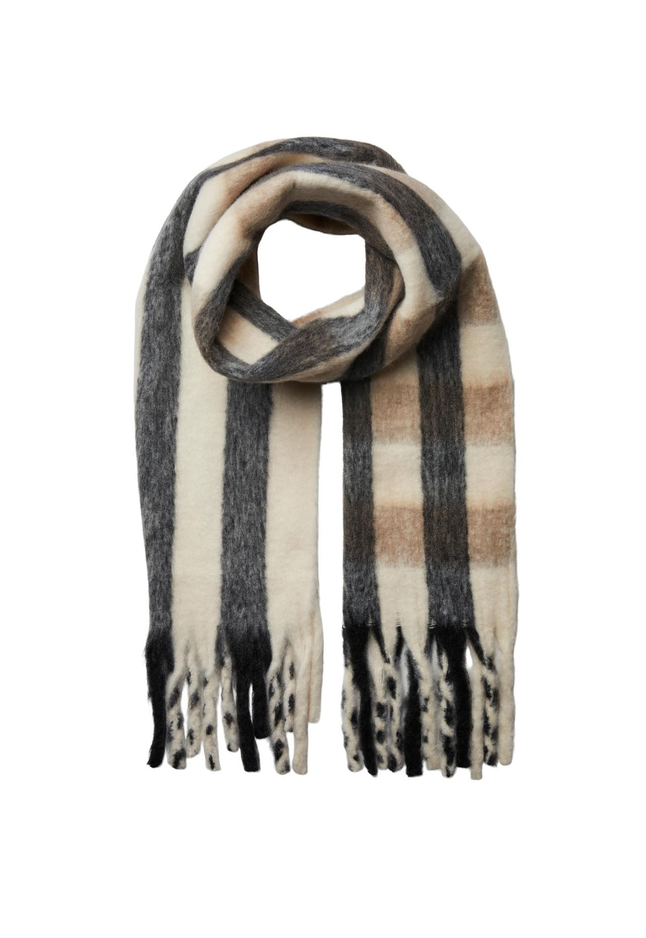 
                  
                    PIECES Jolene Oversized Heavyweight Brushed Check Scarf with Tassels in Cream, Beige & Black - One Nation Clothing
                  
                