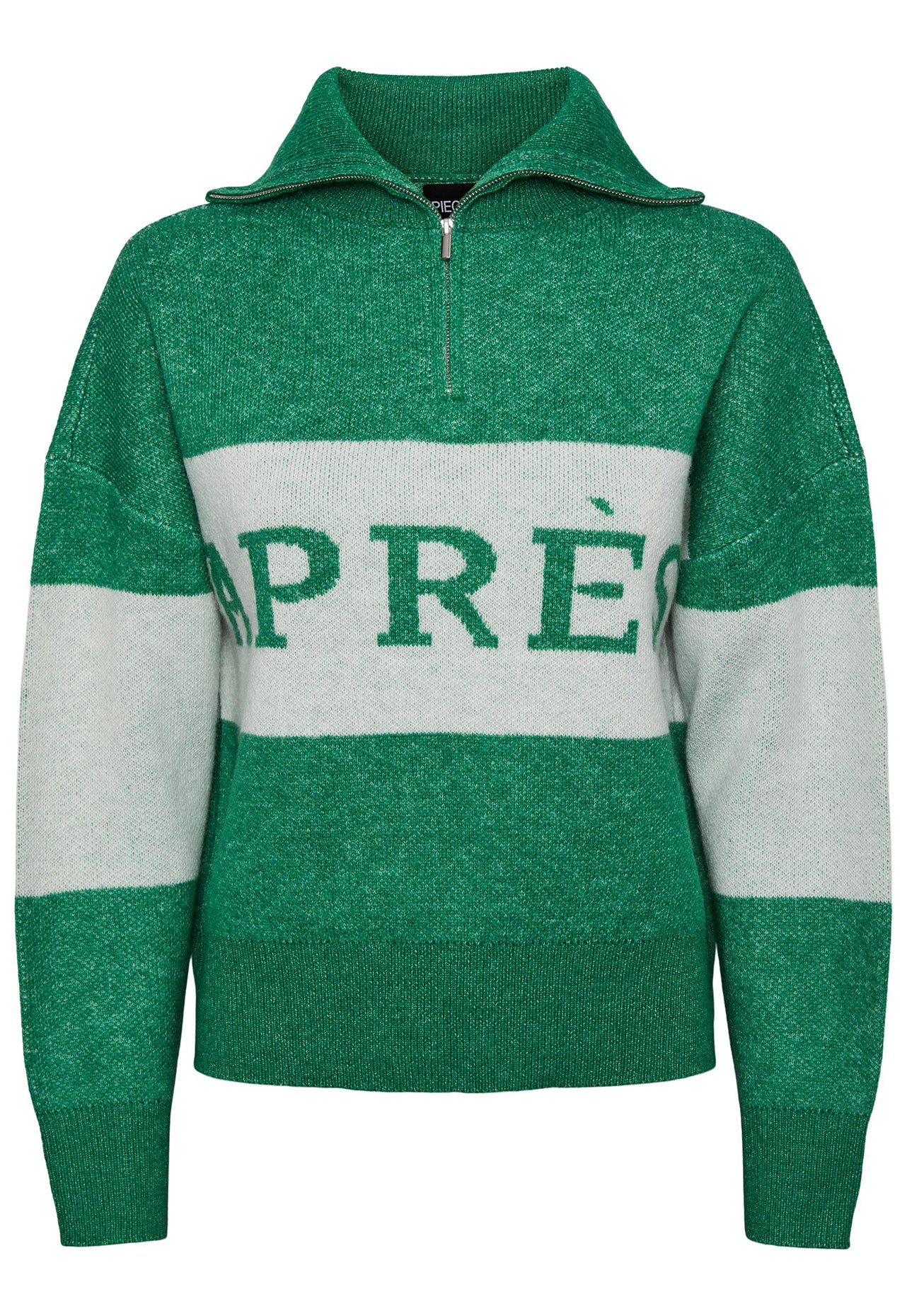 
                  
                    PIECES Après Ski Slogan Half Zip High Neck Jumper in Green & White - One Nation Clothing
                  
                