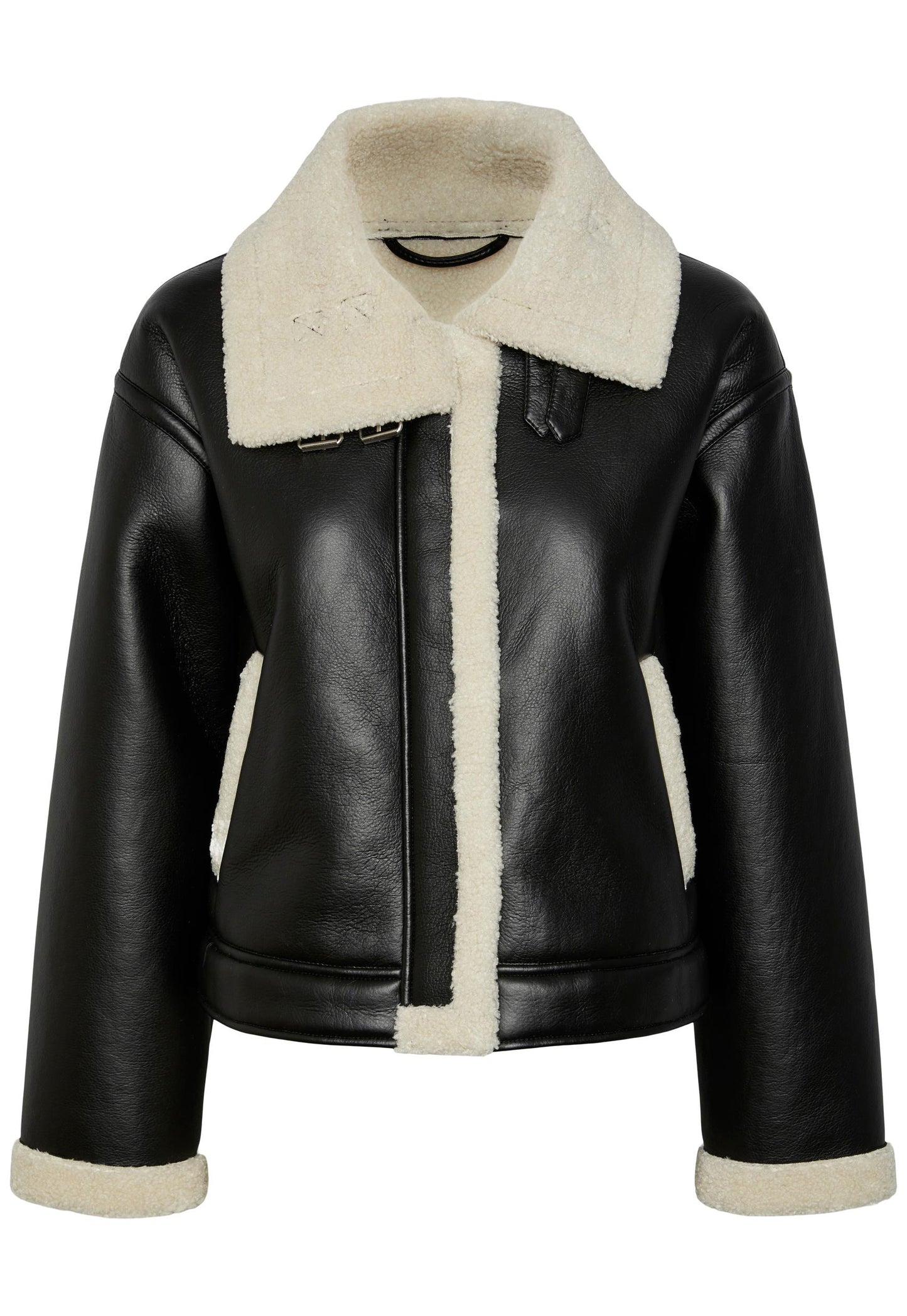PIECES Janelle Faux Leather & Shearling Aviator Coat in Black & Cream - One Nation Clothing