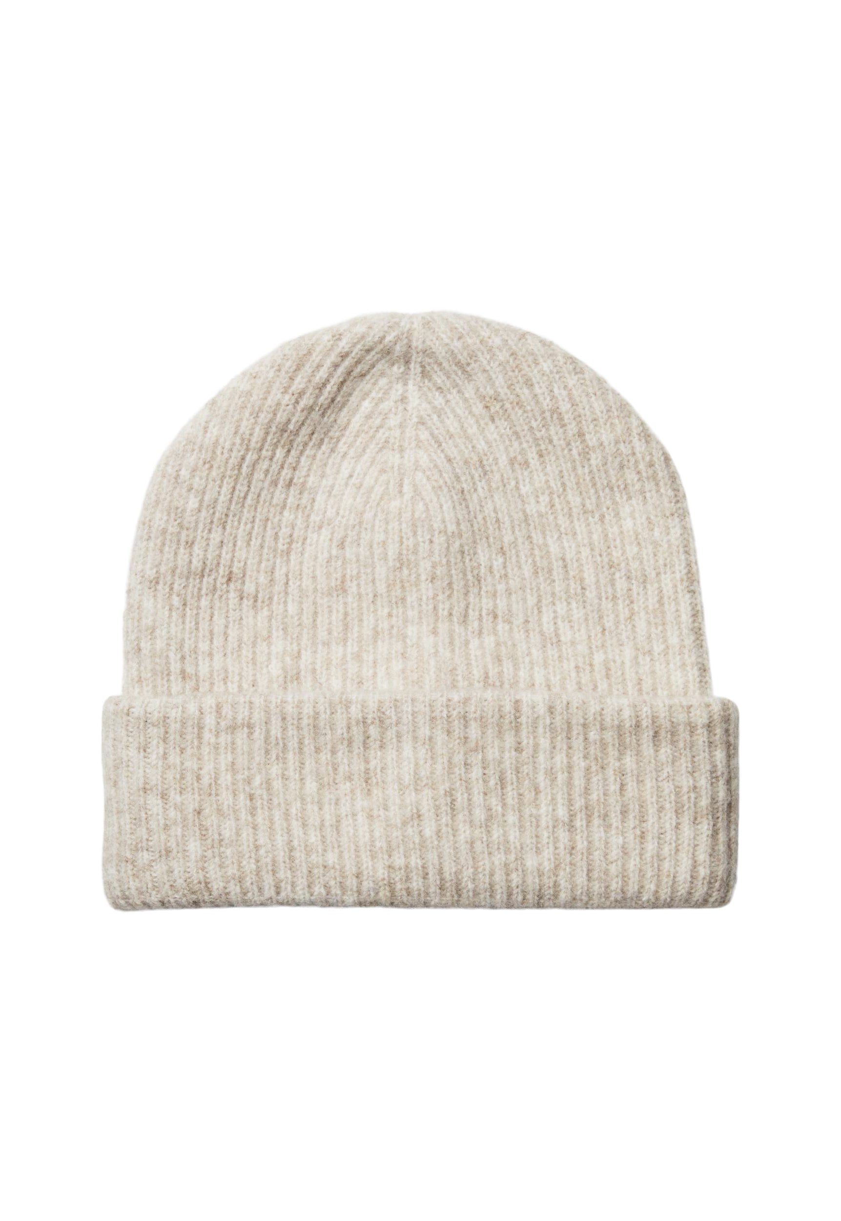 PIECES Cashmere Fluffy Knit Ribbed Turn Up Beanie Hat in Cream Melange ...