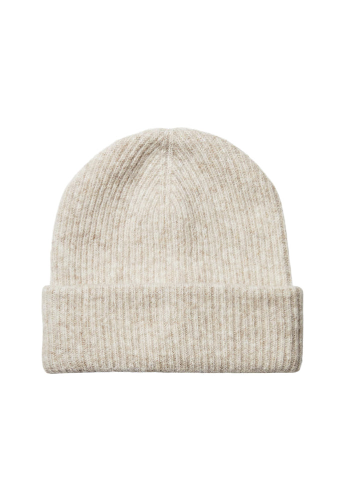 
                  
                    PIECES Cashmere Fluffy Knit Ribbed Turn Up Beanie Hat in Cream Melange - One Nation Clothing
                  
                