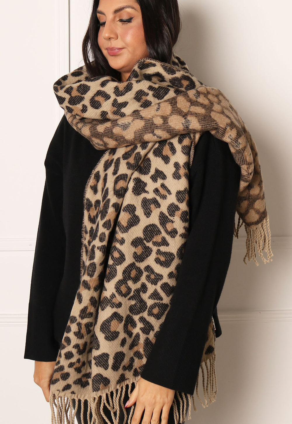 PIECES Leopard Print Oversized Brushed Scarf with Tassels in Beige, Black & Camel - One Nation Clothing