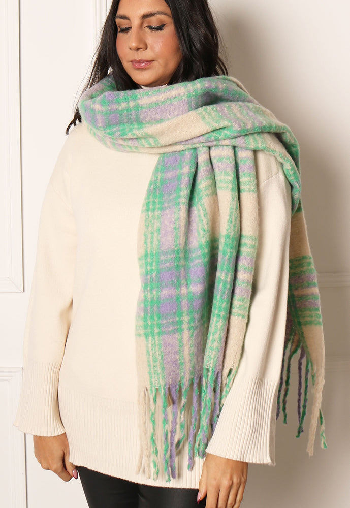 VERO MODA Minty Oversized Heavyweight Brushed Check Scarf with Tassels in Green, Blue & Cream - One Nation Clothing