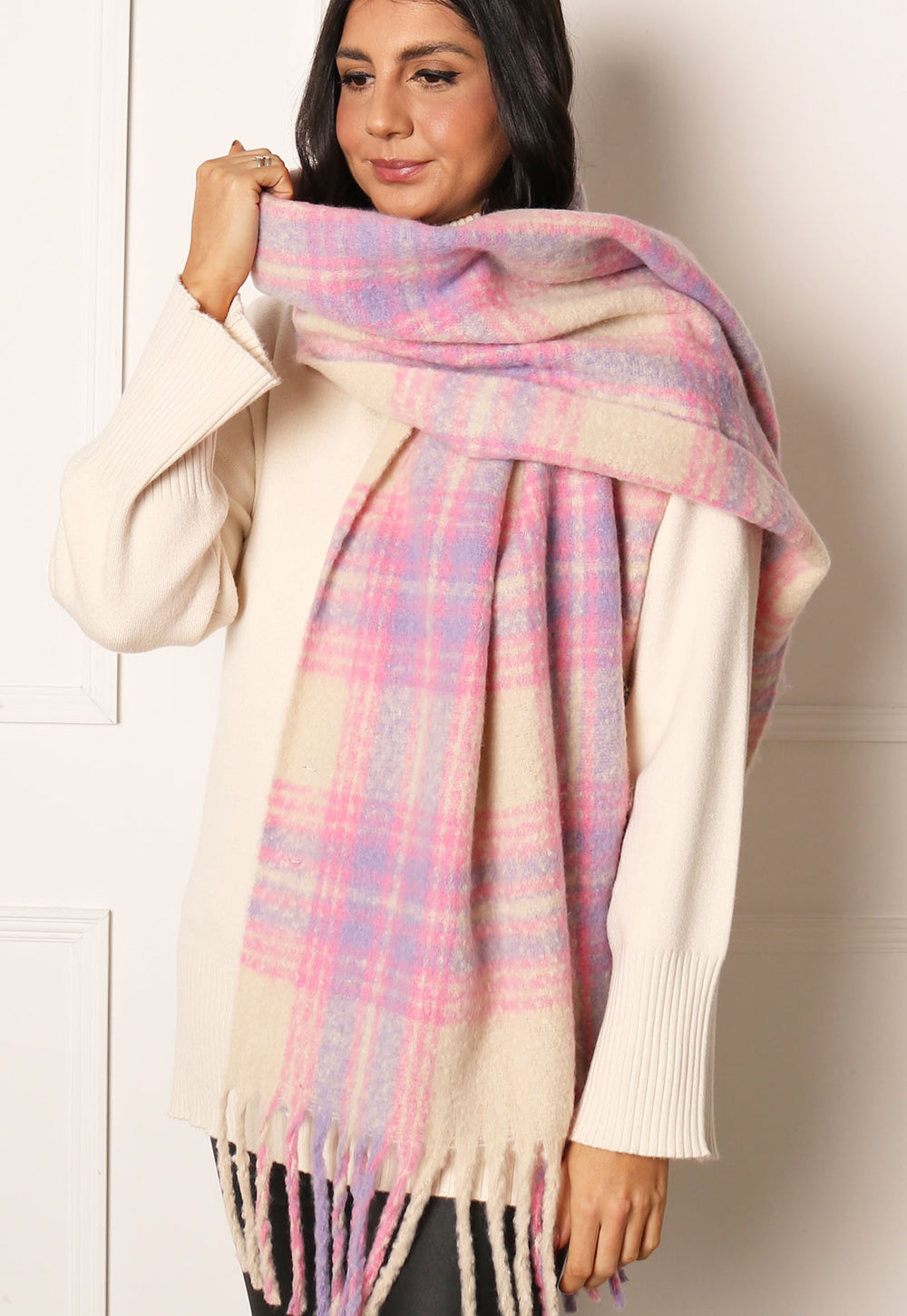 VERO MODA Minty Oversized Heavyweight Brushed Check Scarf with Tassels in Baby Pink, Lilac & Cream - One Nation Clothing