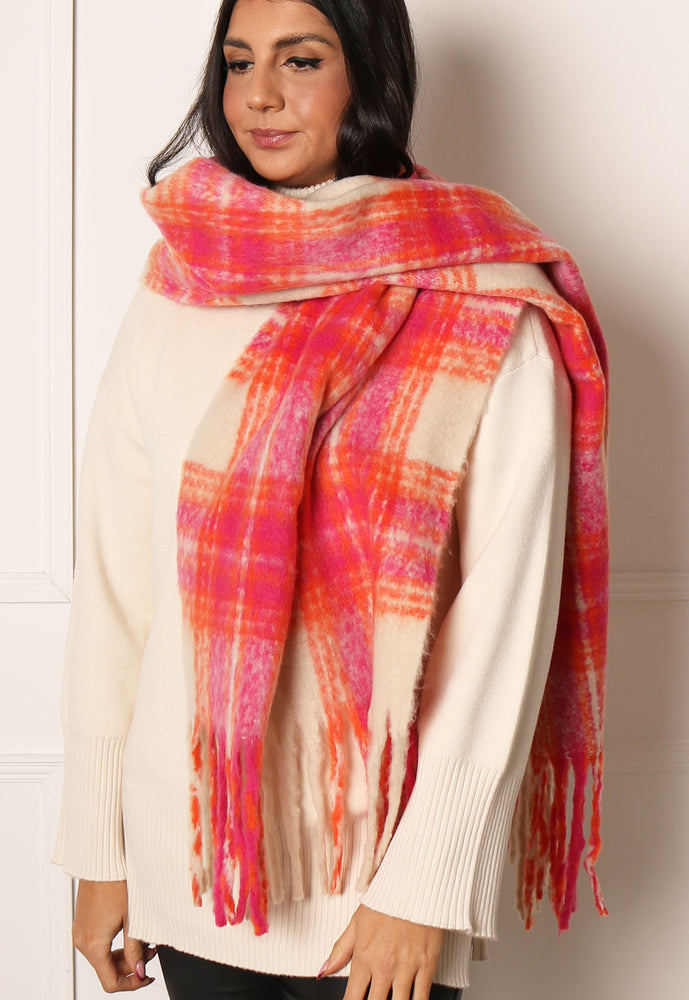 VERO MODA Minty Oversized Heavyweight Brushed Check Scarf with Tassels in Pink, Orange & Cream - One Nation Clothing