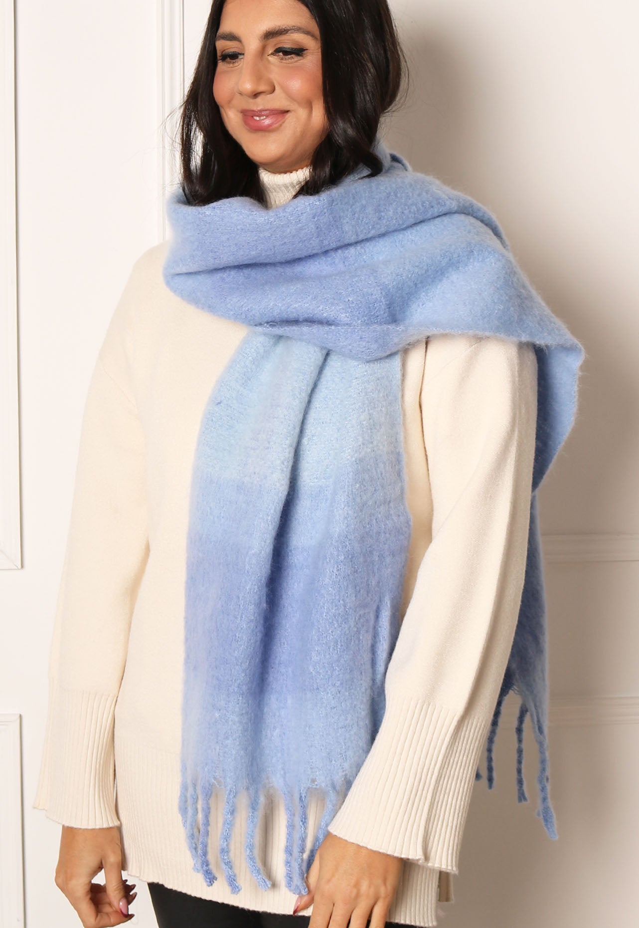 PIECES Sille Oversized Heavyweight Brushed Check Scarf with Tassels in Blue Tones - One Nation Clothing