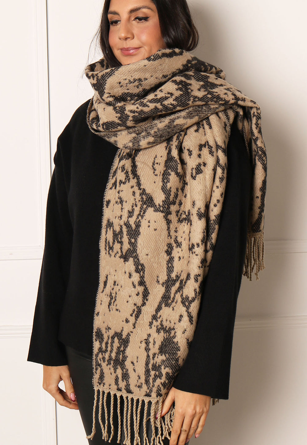 PIECES Animal Snake Print Oversized Brushed Scarf with Tassels in Beige & Black - One Nation Clothing