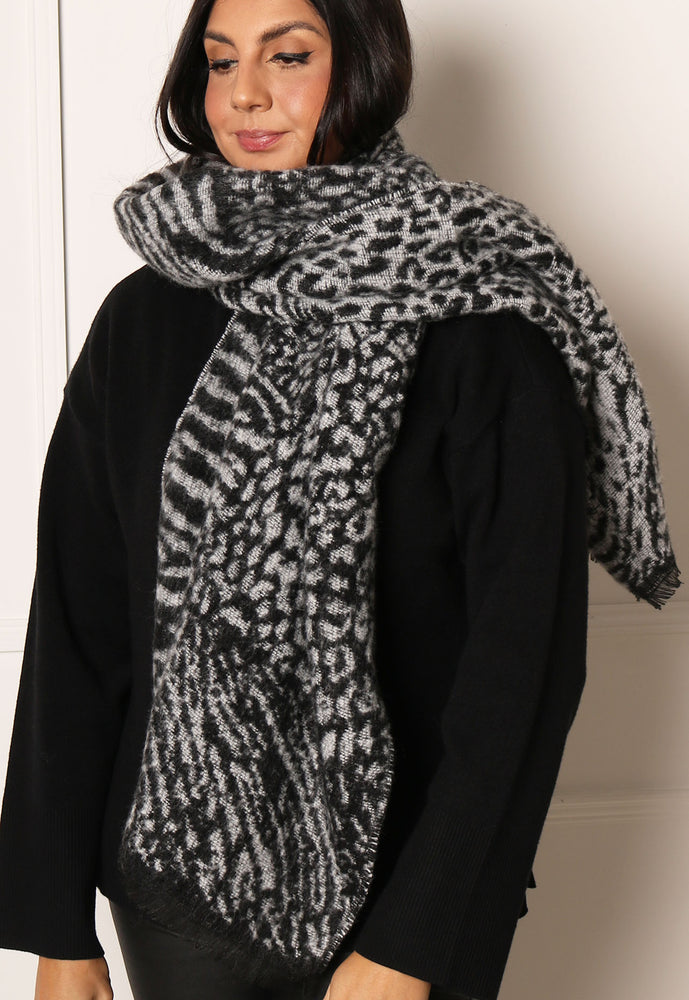 
                  
                    ONLY Trine Animal Print Fluffy Knit Blanket Scarf in Black & Grey - One Nation Clothing
                  
                