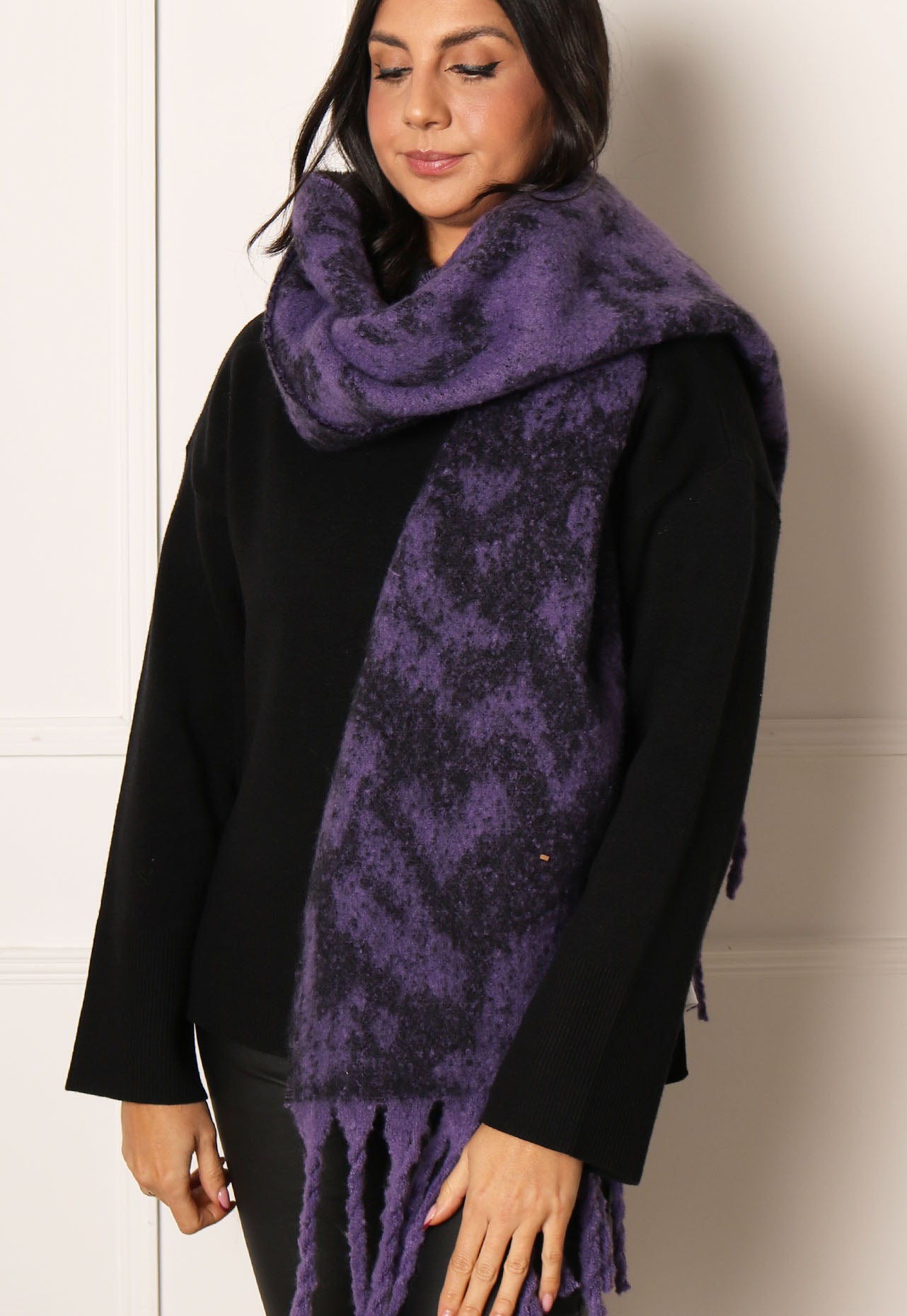 VERO MODA Lillie Oversized Heavyweight Animal Print Scarf with Tassels in Black & Purple - One Nation Clothing
