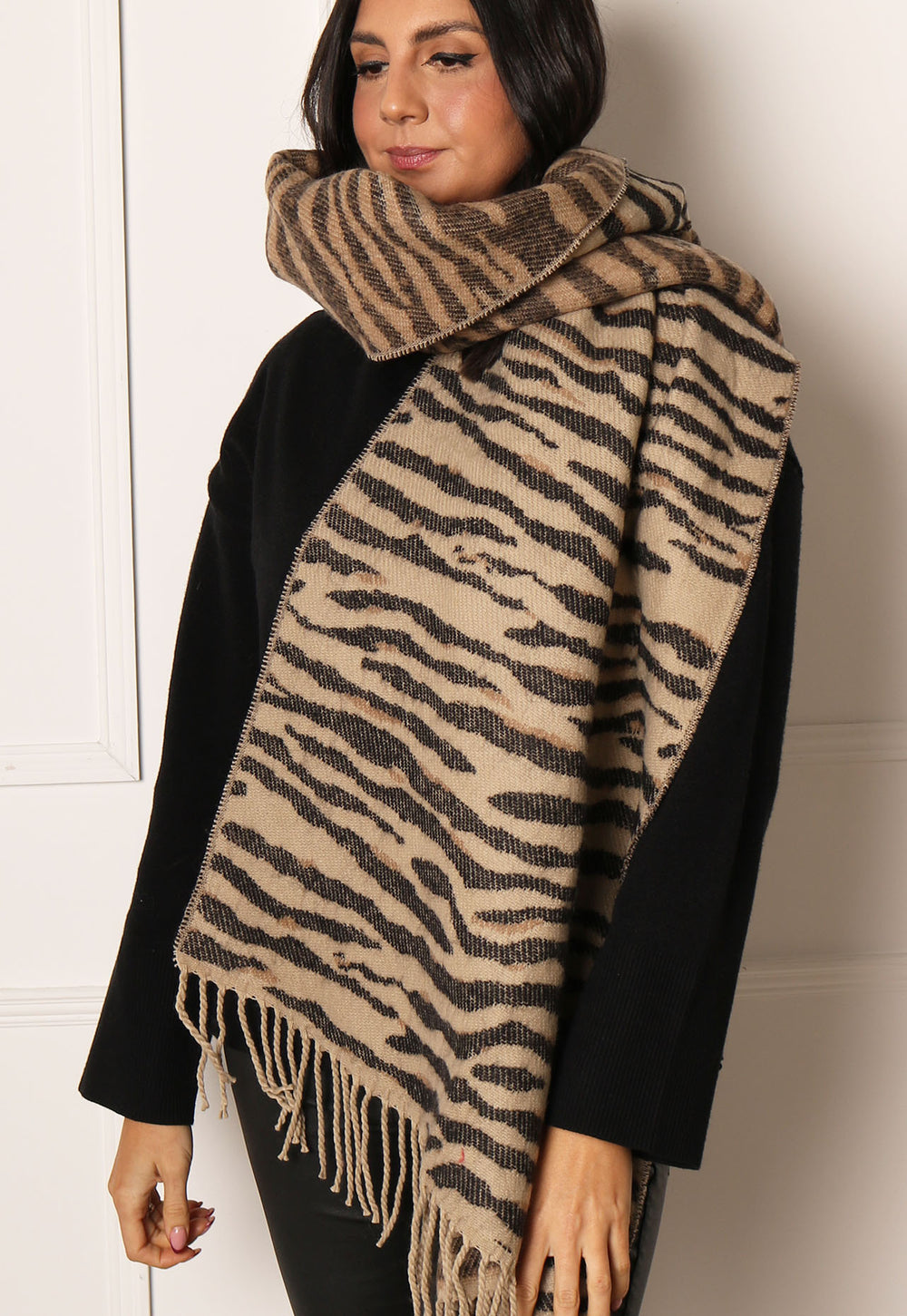 PIECES Zebra Print Oversized Brushed Scarf with Tassels in Beige & Black - One Nation Clothing