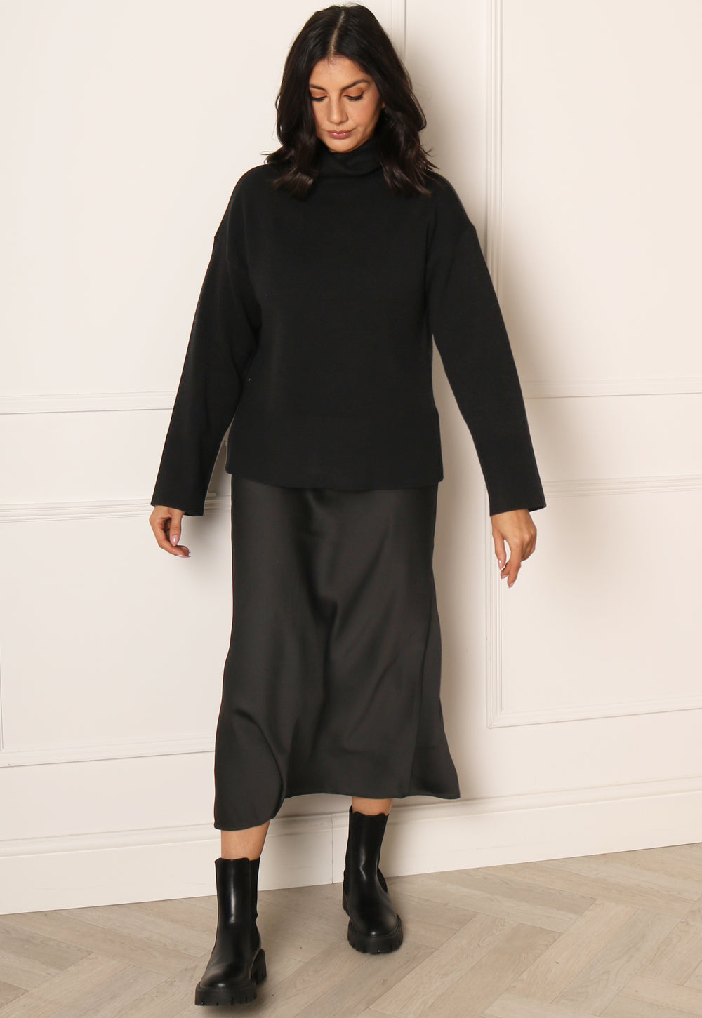 VILA Ellete Satin Slip Midaxi Skirt in Black - One Nation Clothing