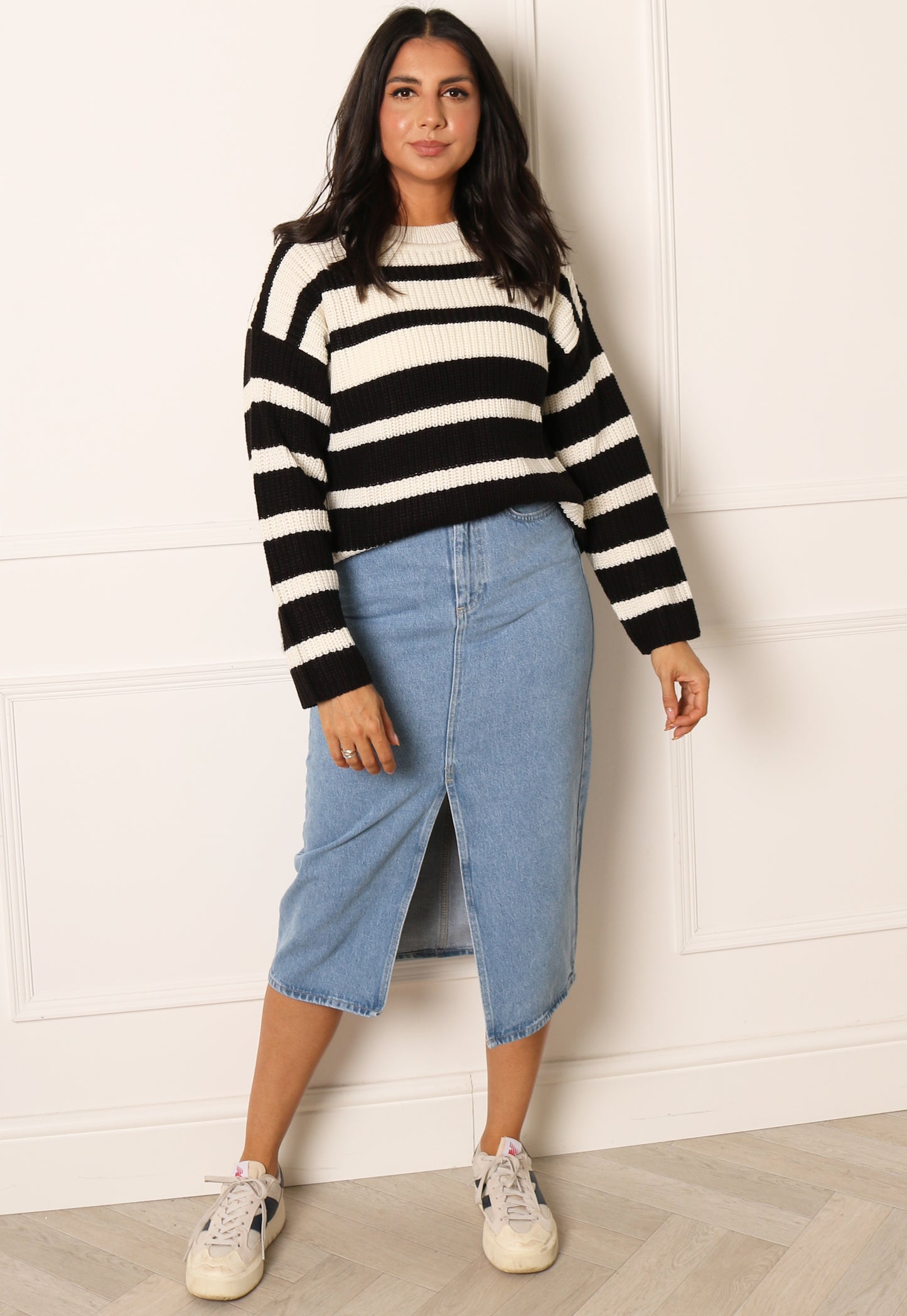
                  
                    JDY Runa Chunky Knit Ombre Stripe Round Neck Jumper in Black & Cream - One Nation Clothing
                  
                