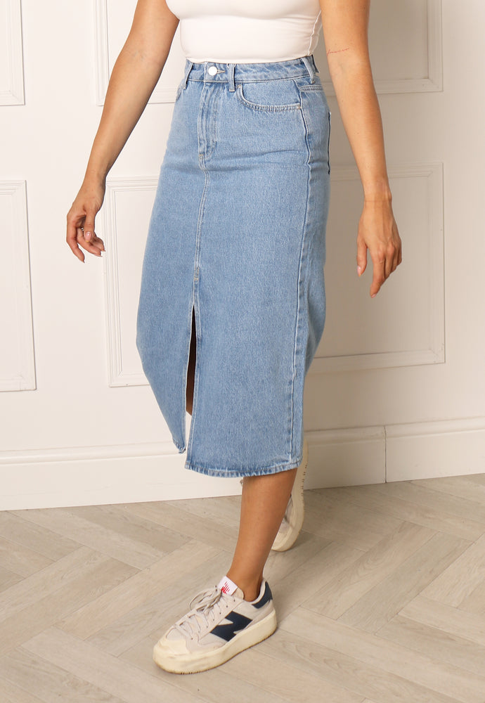 ONLY Bianca Denim Midi Skirt with Split Front Hem in Mid Blue - One Nation Clothing