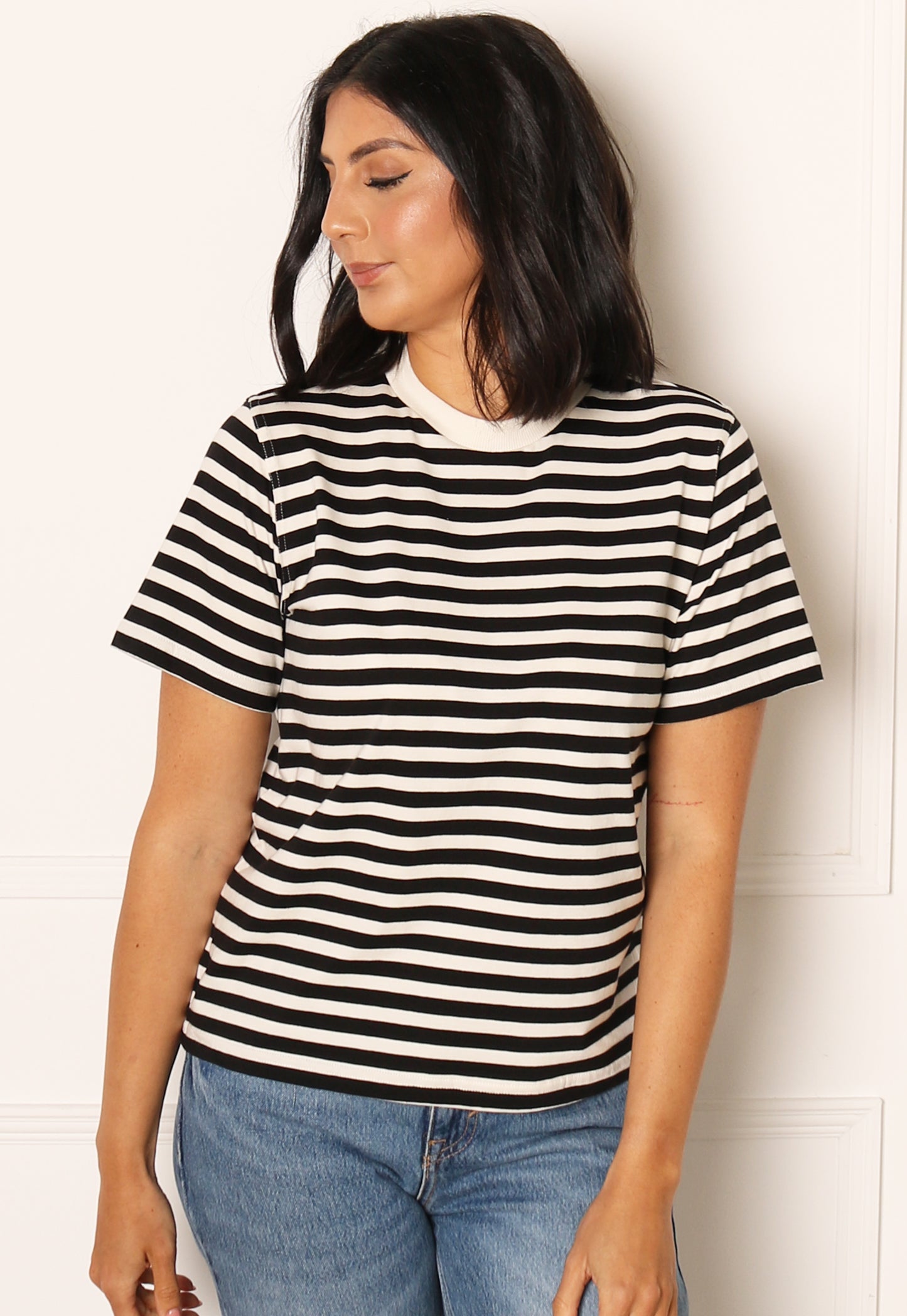
                  
                    ONLY Cotton Relaxed Stripe Short Sleeve T-shirt in Black & White - One Nation Clothing
                  
                